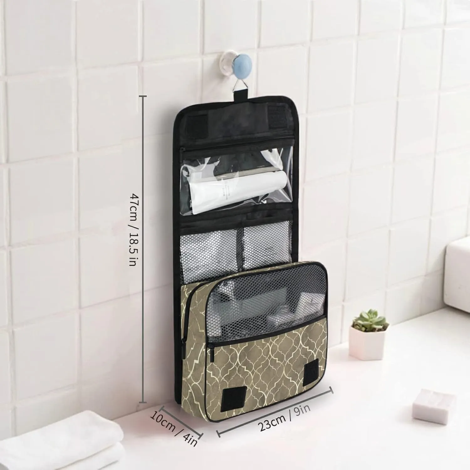 Grey Monochrome Tribal Ethnic Indian Elephant Peacock Feather Travel Cosmetic Bag, Hanging Toiletry Wash bag, Portable Makeup Organizer Brush Case, Storage Bag with Hook for Bathroom Toilet