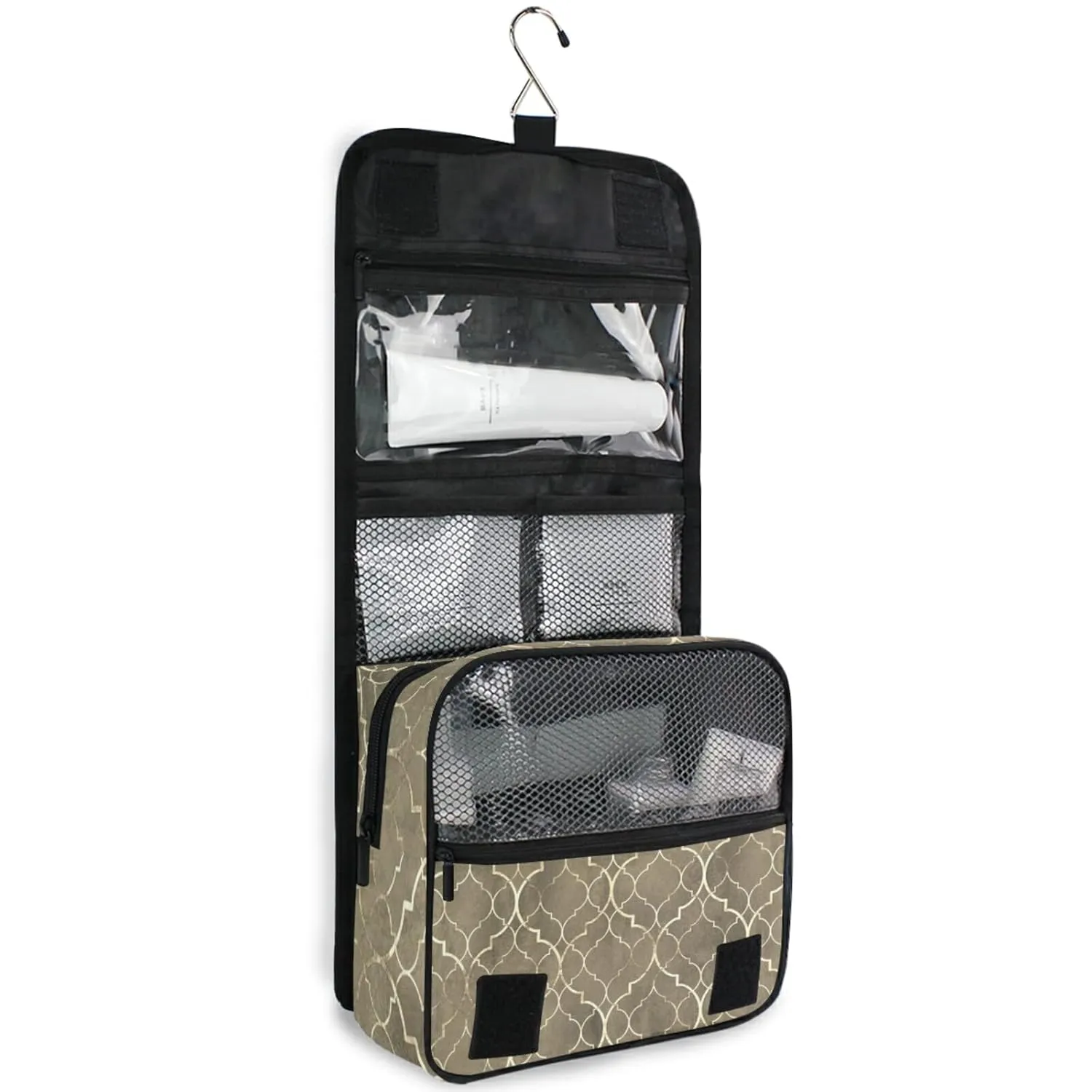 Grey Monochrome Tribal Ethnic Indian Elephant Peacock Feather Travel Cosmetic Bag, Hanging Toiletry Wash bag, Portable Makeup Organizer Brush Case, Storage Bag with Hook for Bathroom Toilet