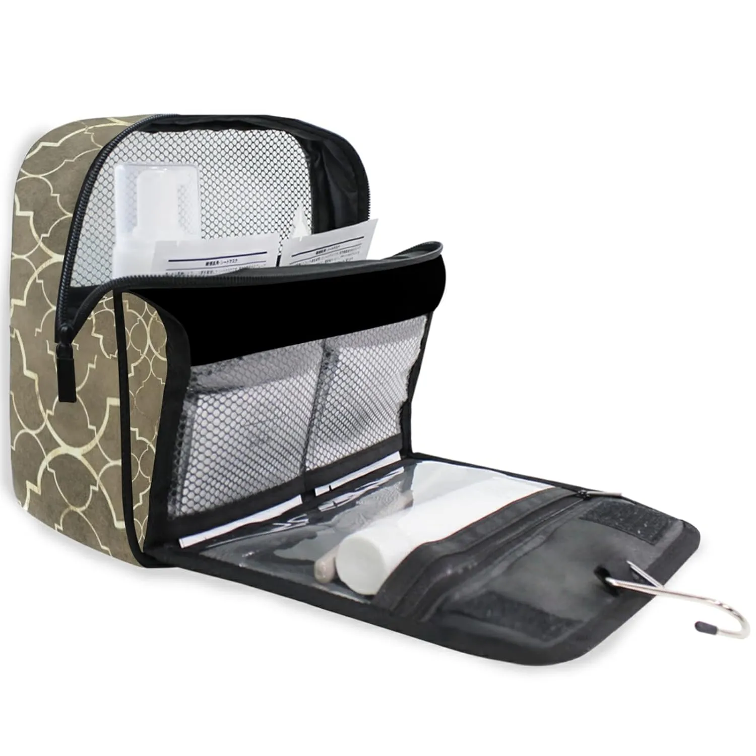 Grey Monochrome Tribal Ethnic Indian Elephant Peacock Feather Travel Cosmetic Bag, Hanging Toiletry Wash bag, Portable Makeup Organizer Brush Case, Storage Bag with Hook for Bathroom Toilet