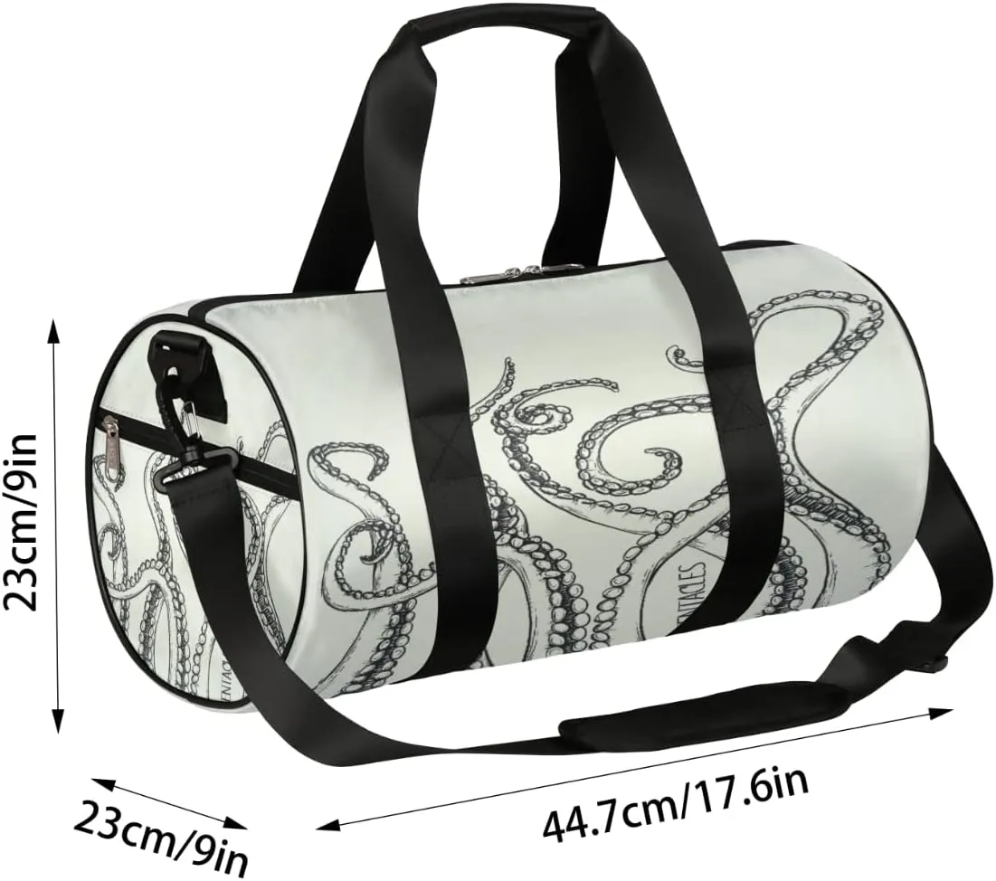 Grey Octopus Gym Bag Small Gym Duffel Bags for Men Women Overnight Weekender Bag Lightweight Sport Duffle Bag Carry On Gymbag