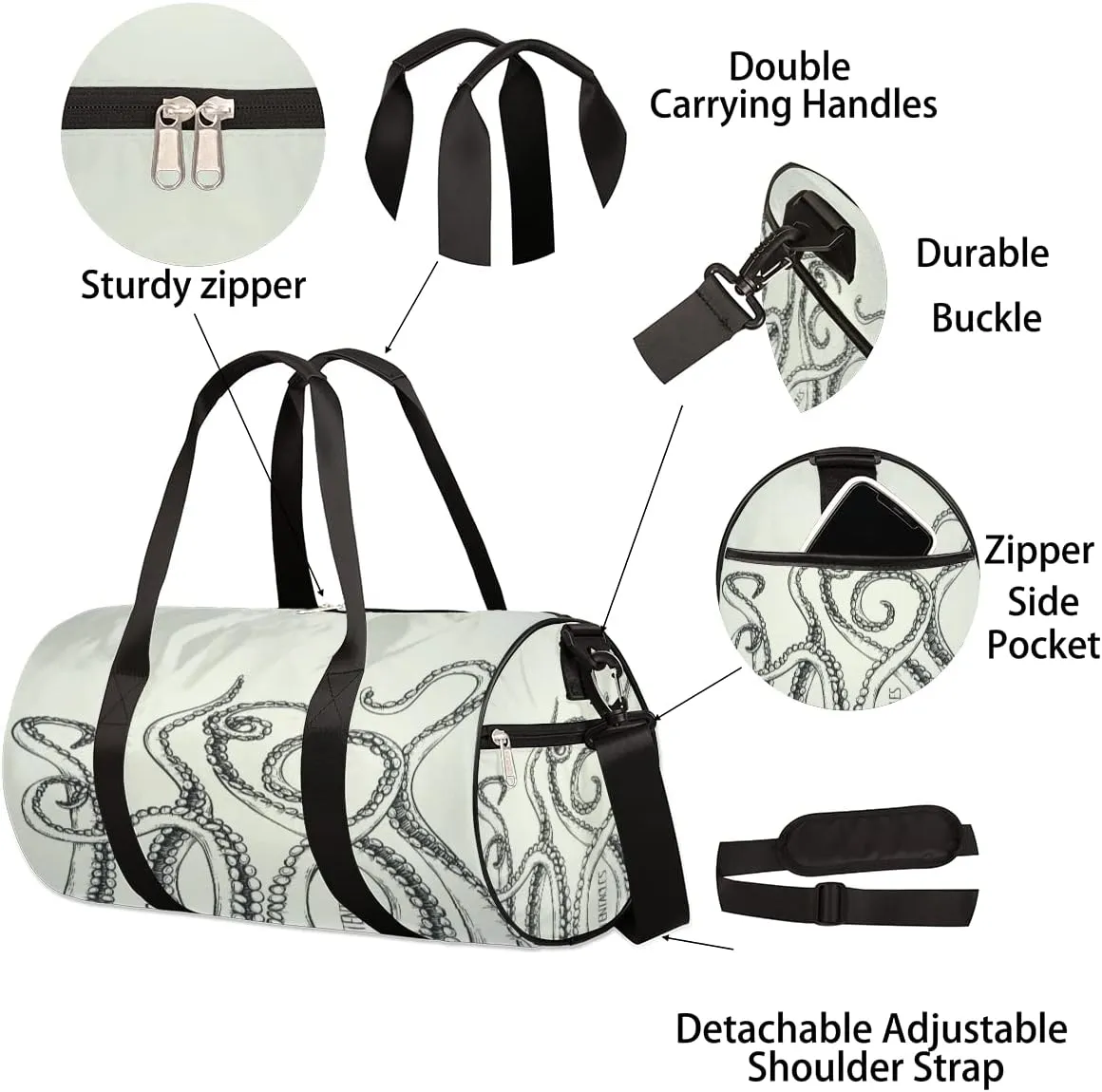Grey Octopus Gym Bag Small Gym Duffel Bags for Men Women Overnight Weekender Bag Lightweight Sport Duffle Bag Carry On Gymbag