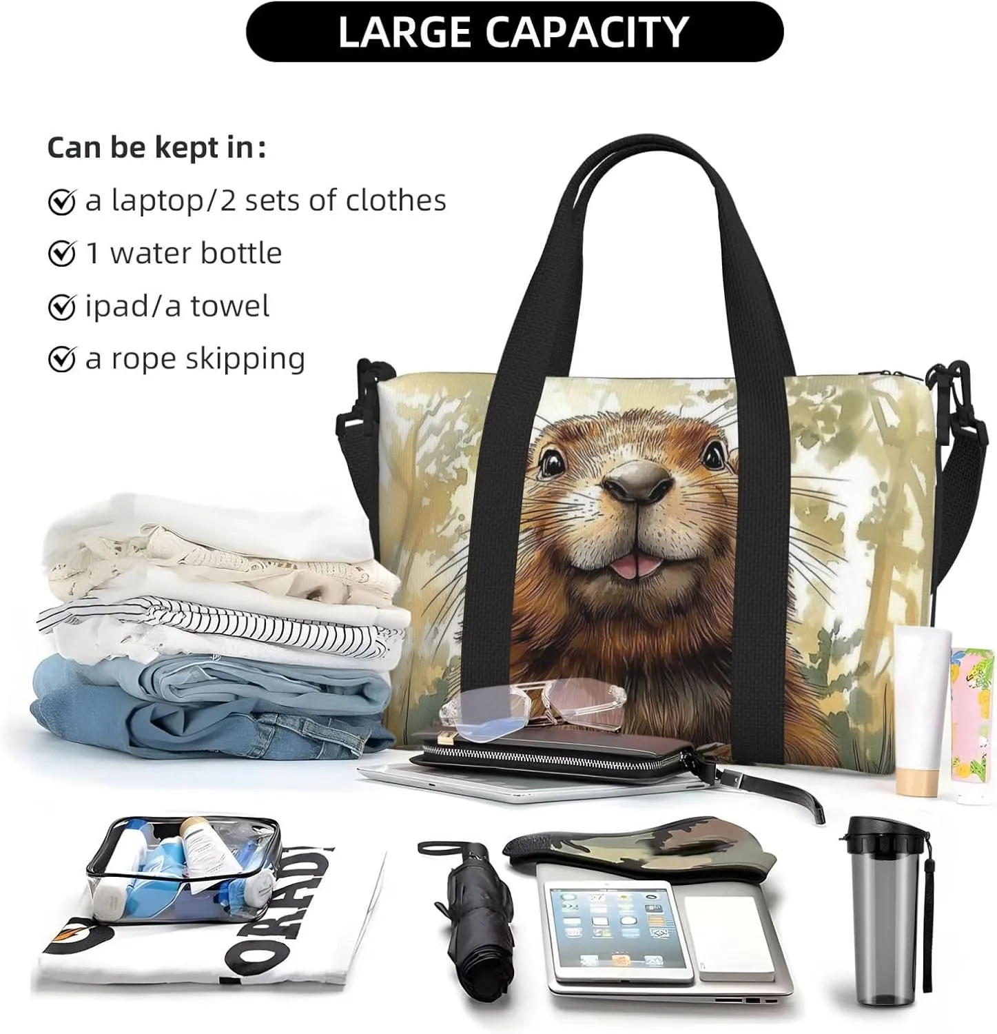 groundhog print Travel Duffel Bag, Sports Tote Gym Bag, Swim Pool Bag Large Shoulder Tote Bag for Beach Weekender