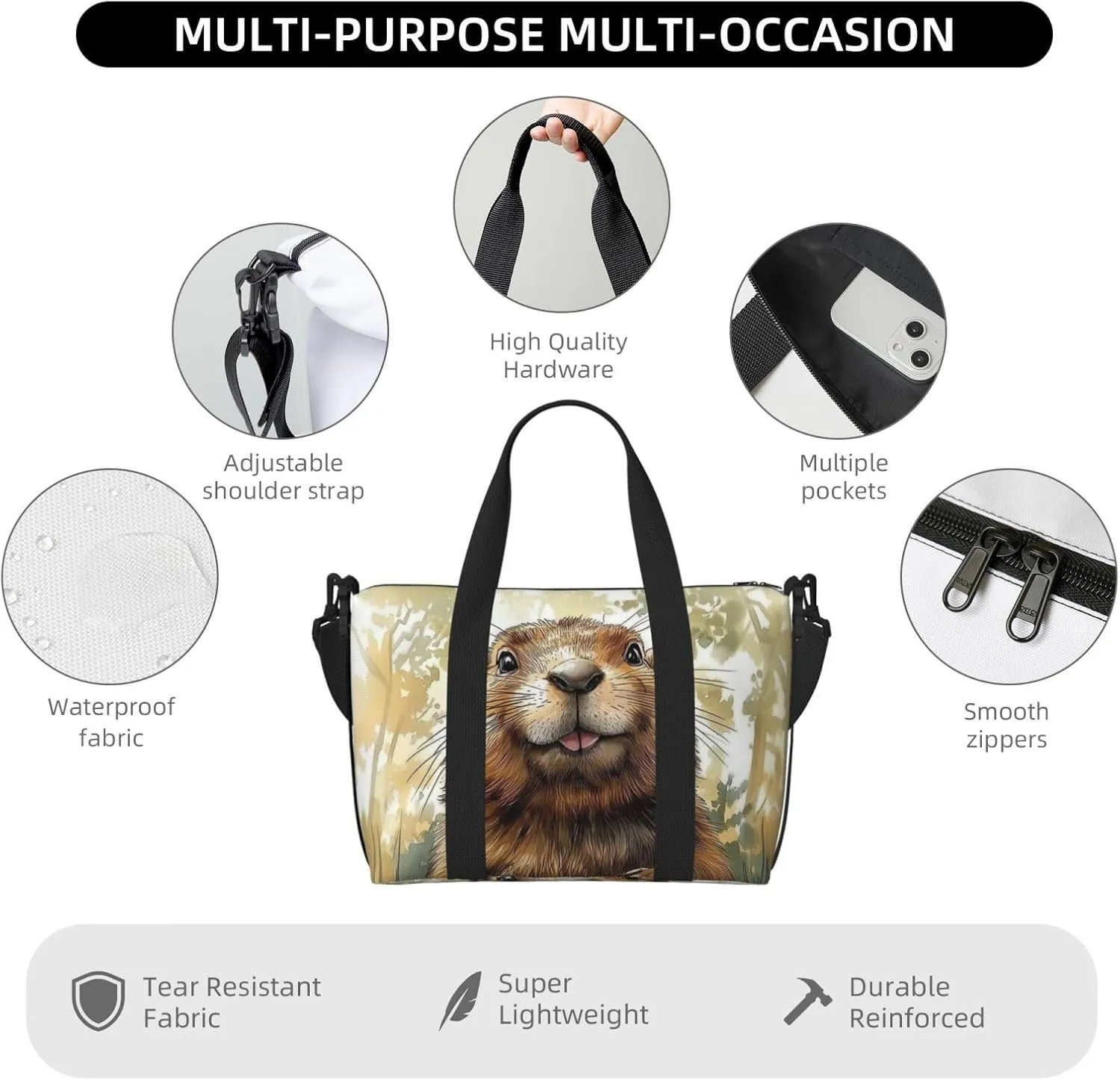 groundhog print Travel Duffel Bag, Sports Tote Gym Bag, Swim Pool Bag Large Shoulder Tote Bag for Beach Weekender