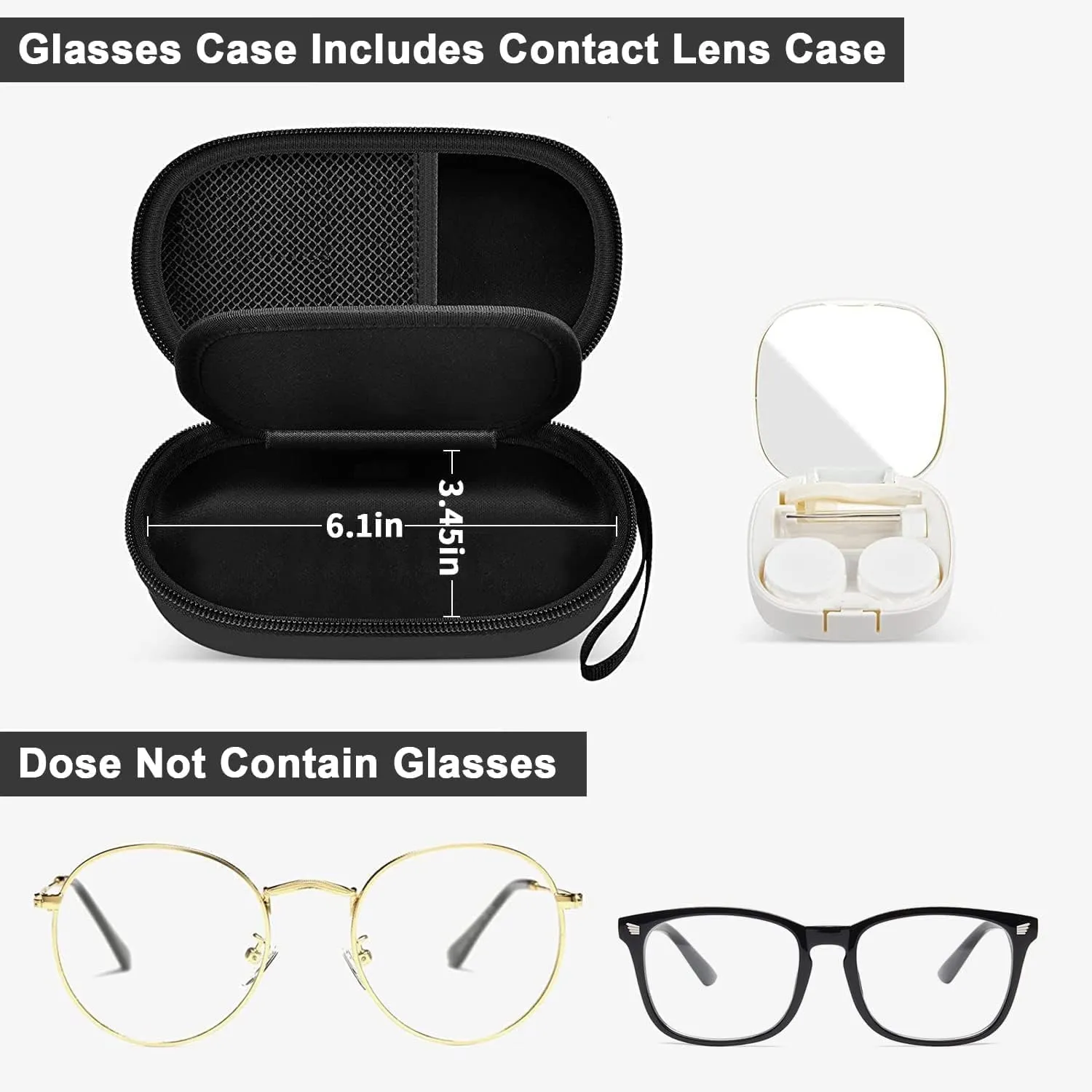 GWCASE Portable 2 in 1 Contact Lens Case and Glasses Case, Traveling Contact Cases Bag Box Holder with Soak Storage Kit Included Built-in Mirror, Tweezer, Lens Solution Bottle and Hand Strap-Black