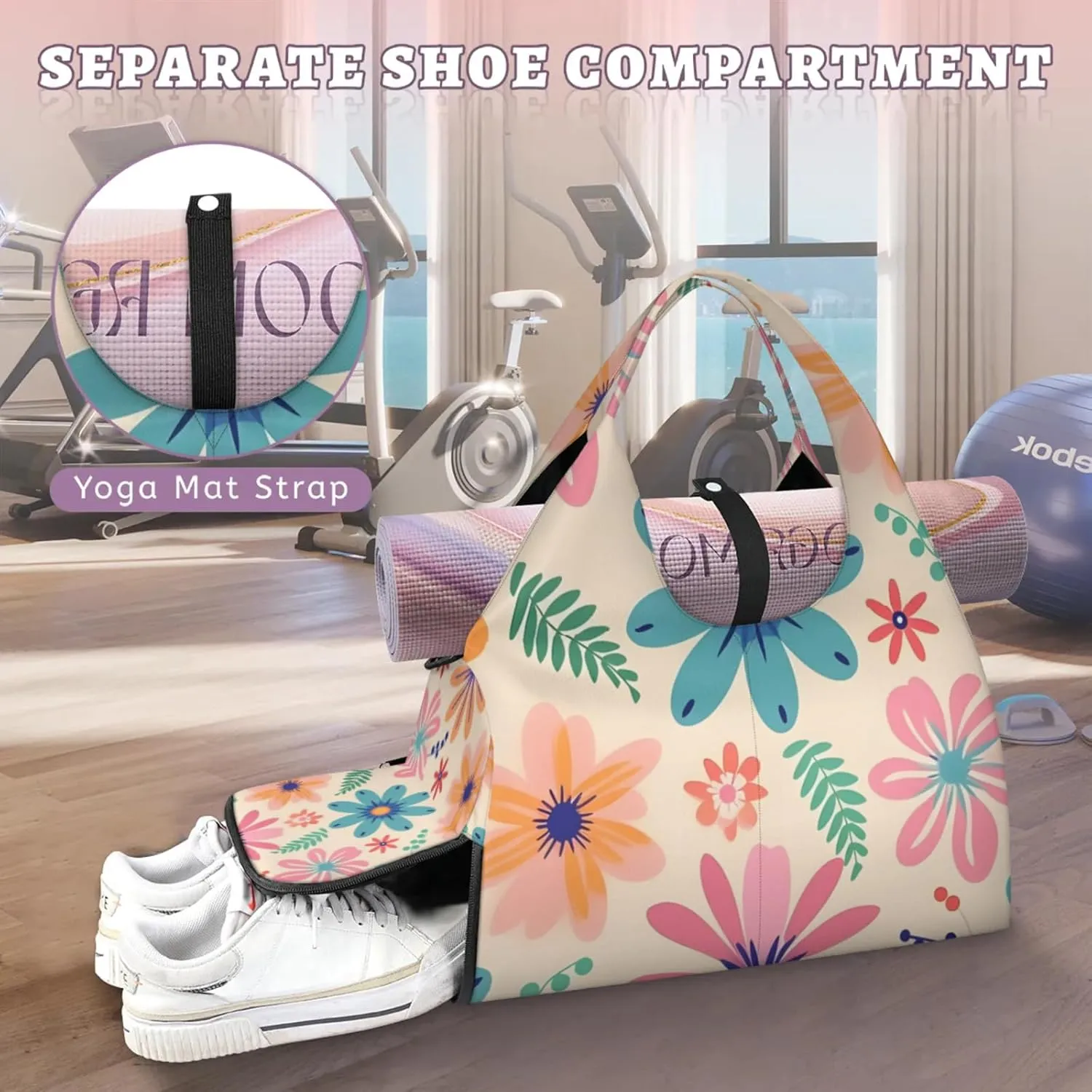 Gym Bag for Women Aesthetic Cute Floral Duffel Bag with Shoe Compartment and Yoga Mat Holder Portable Weekender Bags Travel Tote Bags