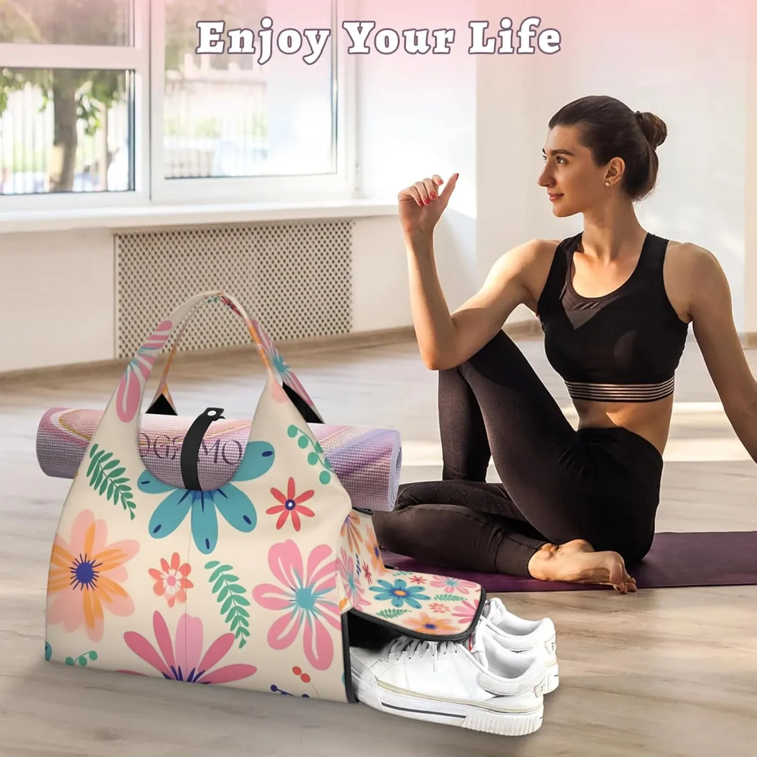 Gym Bag for Women Aesthetic Cute Floral Duffel Bag with Shoe Compartment and Yoga Mat Holder Portable Weekender Bags Travel Tote Bags