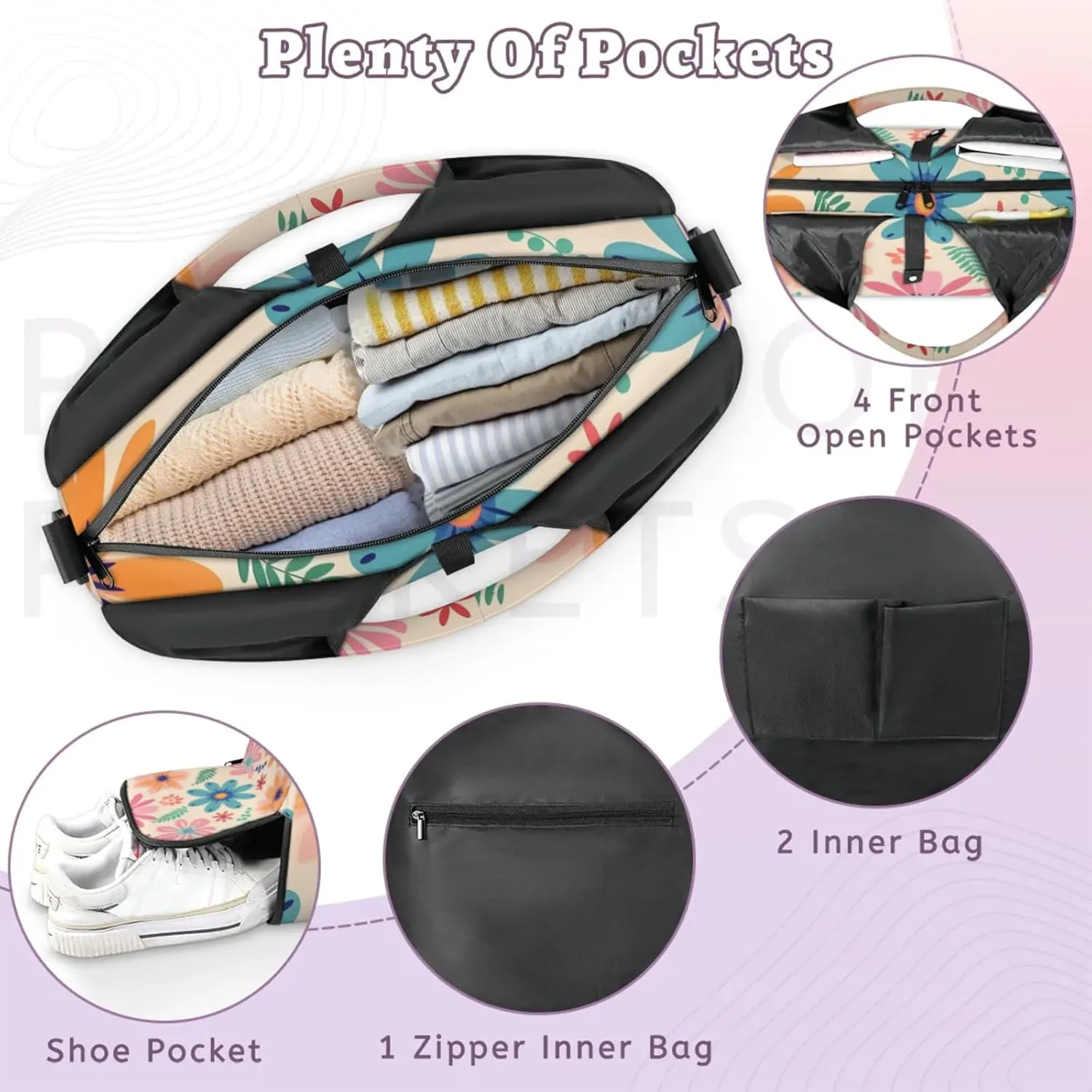 Gym Bag for Women Aesthetic Cute Floral Duffel Bag with Shoe Compartment and Yoga Mat Holder Portable Weekender Bags Travel Tote Bags