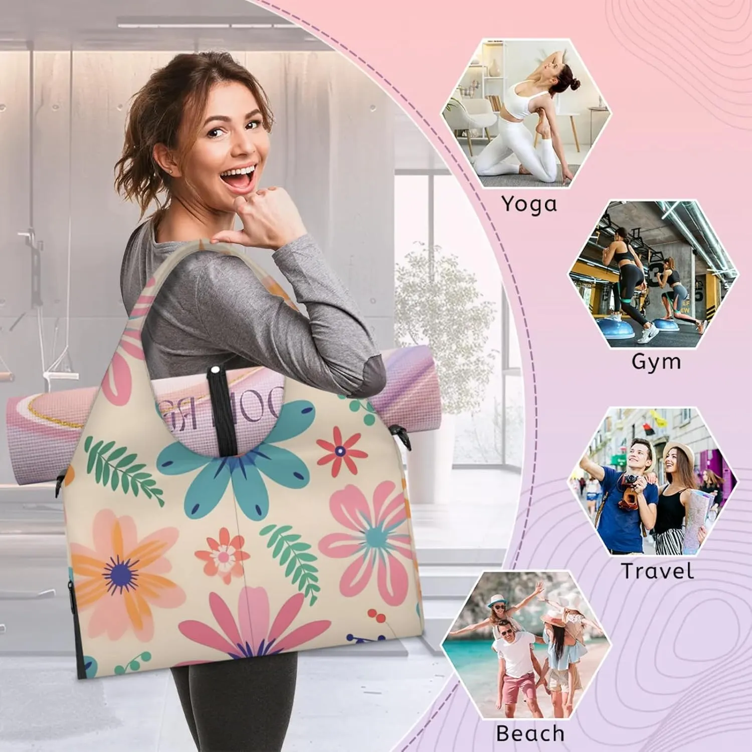 Gym Bag for Women Aesthetic Cute Floral Duffel Bag with Shoe Compartment and Yoga Mat Holder Portable Weekender Bags Travel Tote Bags