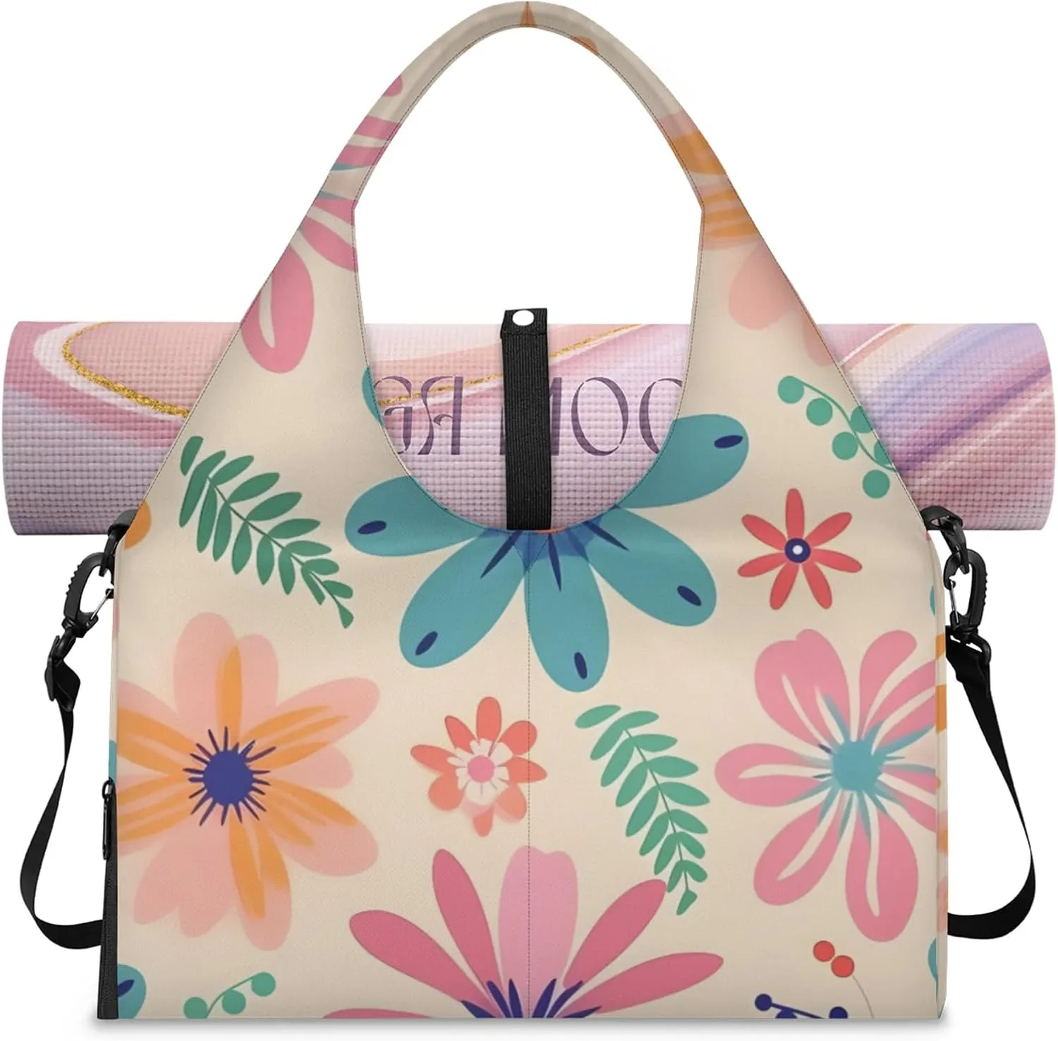 Gym Bag for Women Aesthetic Cute Floral Duffel Bag with Shoe Compartment and Yoga Mat Holder Portable Weekender Bags Travel Tote Bags