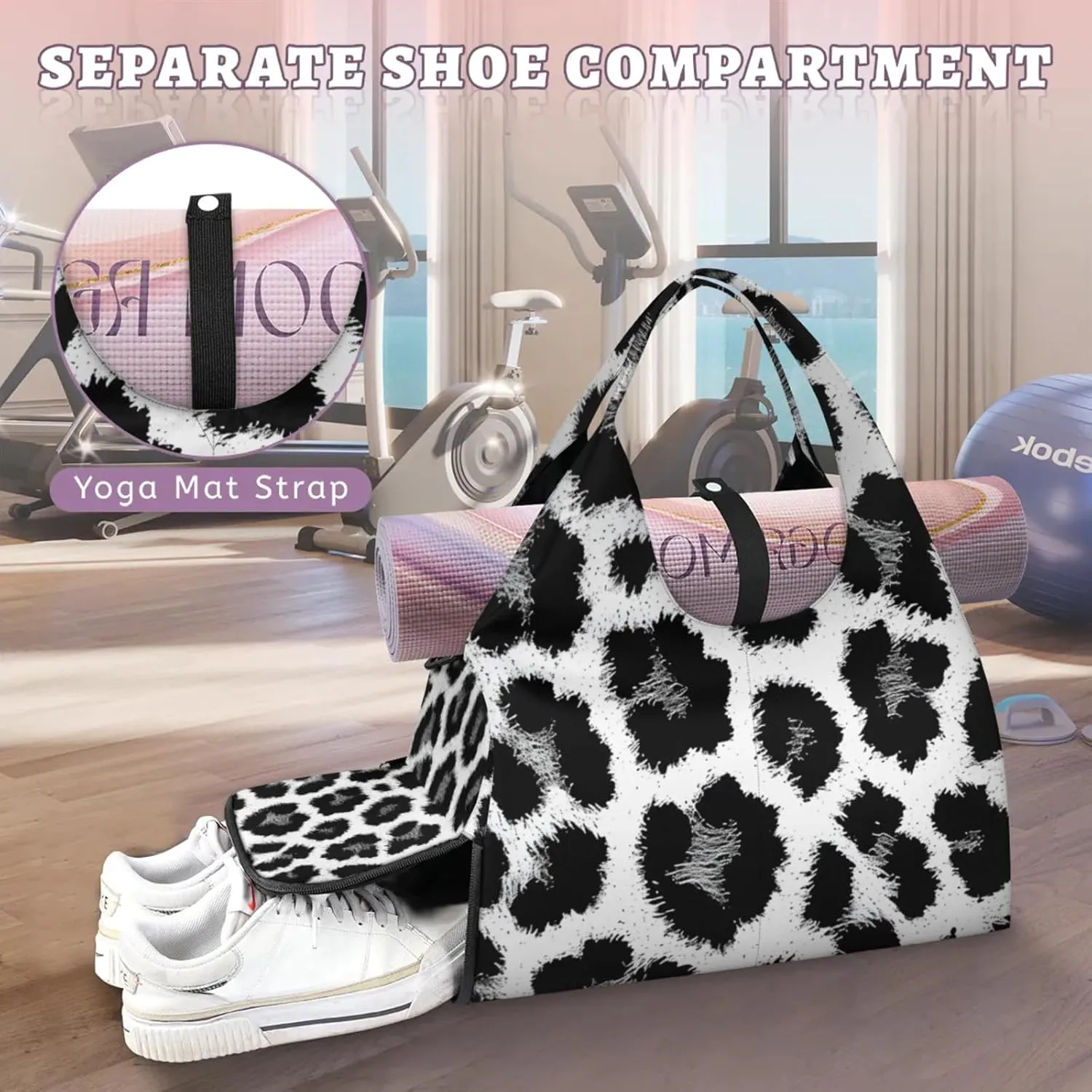 Gym Bag for Women Animal Leopards Print Duffel Bag with Shoe Compartment and Yoga Mat Holder Portable Weekender Bags Travel Tote Bags