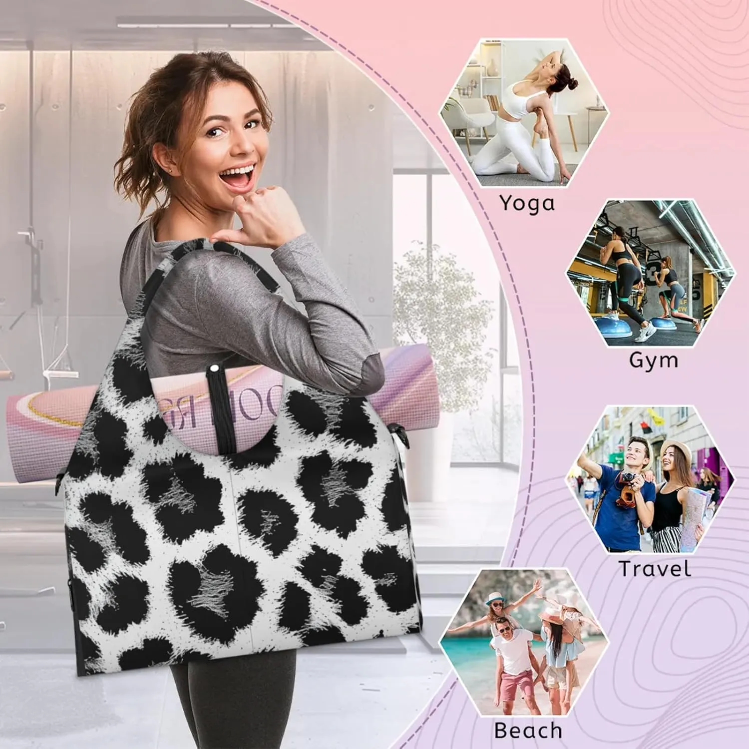 Gym Bag for Women Animal Leopards Print Duffel Bag with Shoe Compartment and Yoga Mat Holder Portable Weekender Bags Travel Tote Bags
