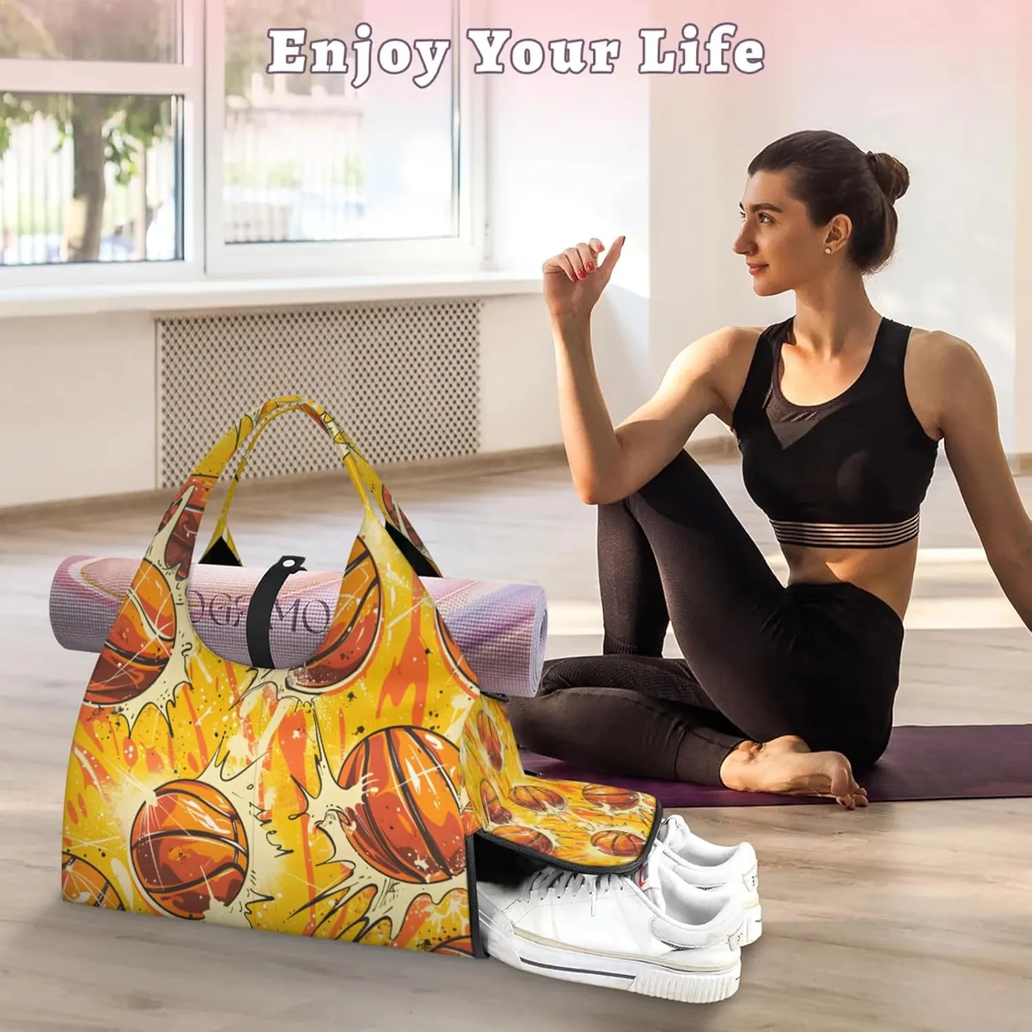 Gym Bag for Women Basketballs Themed Duffel Bag with Shoe Compartment and Yoga Mat Holder Portable Weekender Bags Travel Tote Bags