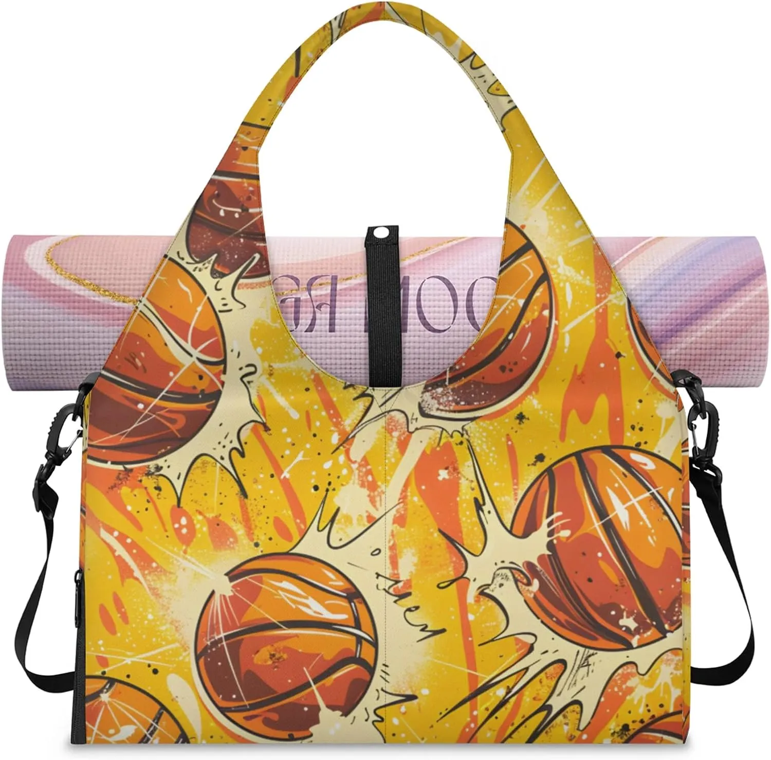 Gym Bag for Women Basketballs Themed Duffel Bag with Shoe Compartment and Yoga Mat Holder Portable Weekender Bags Travel Tote Bags