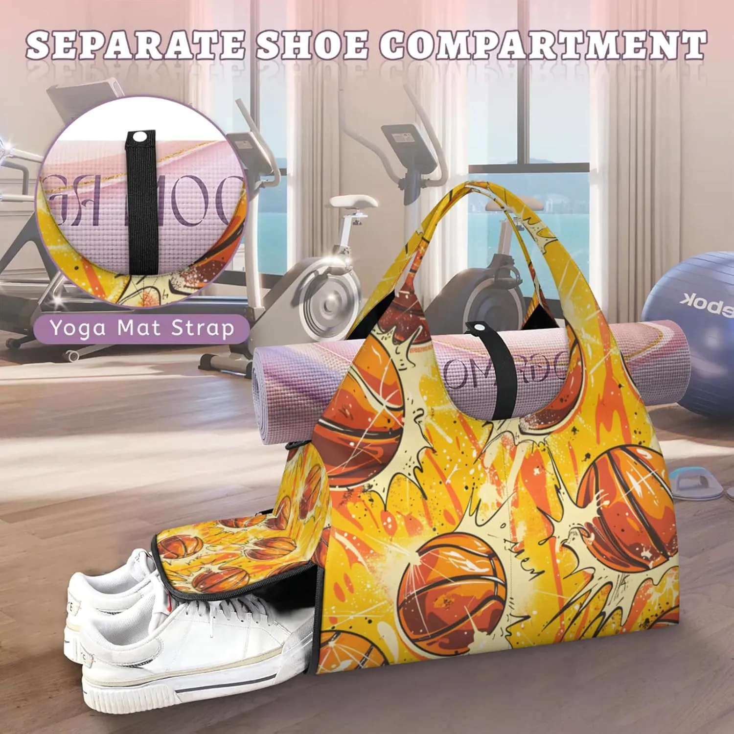 Gym Bag for Women Basketballs Themed Duffel Bag with Shoe Compartment and Yoga Mat Holder Portable Weekender Bags Travel Tote Bags