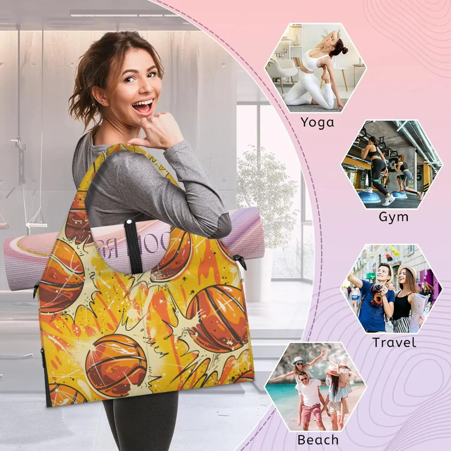 Gym Bag for Women Basketballs Themed Duffel Bag with Shoe Compartment and Yoga Mat Holder Portable Weekender Bags Travel Tote Bags