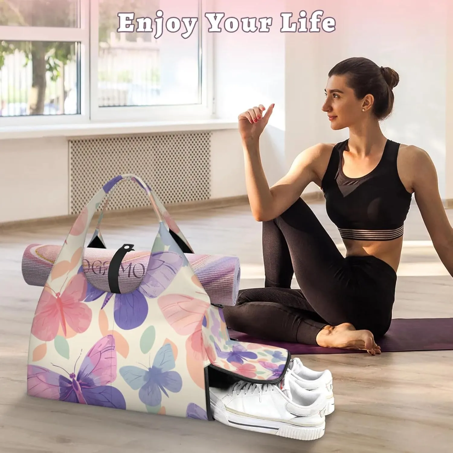Gym Bag for Women Beautiful Butterflies Prints Duffel Bag with Shoe Compartment and Yoga Mat Holder Portable Weekender Bags Travel Tote Bags