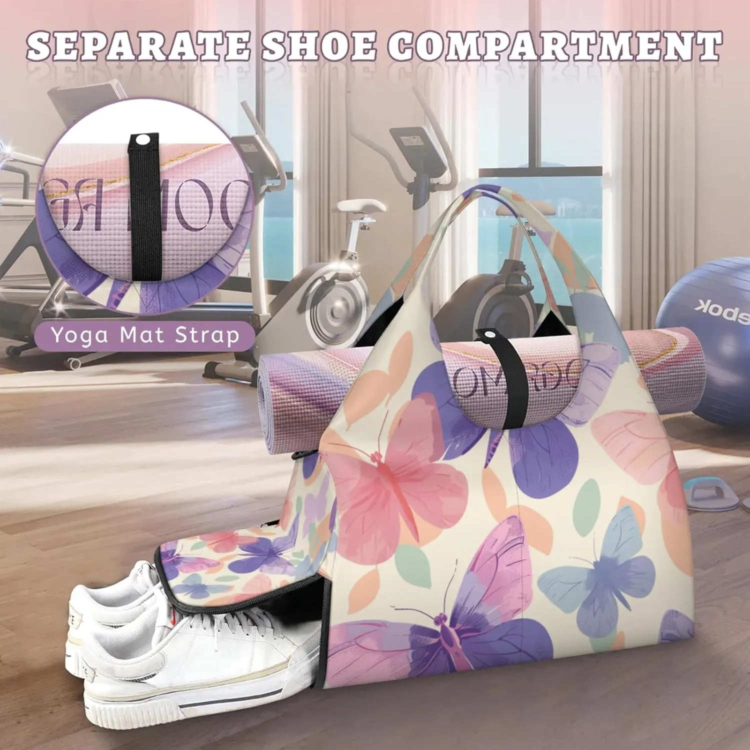 Gym Bag for Women Beautiful Butterflies Prints Duffel Bag with Shoe Compartment and Yoga Mat Holder Portable Weekender Bags Travel Tote Bags