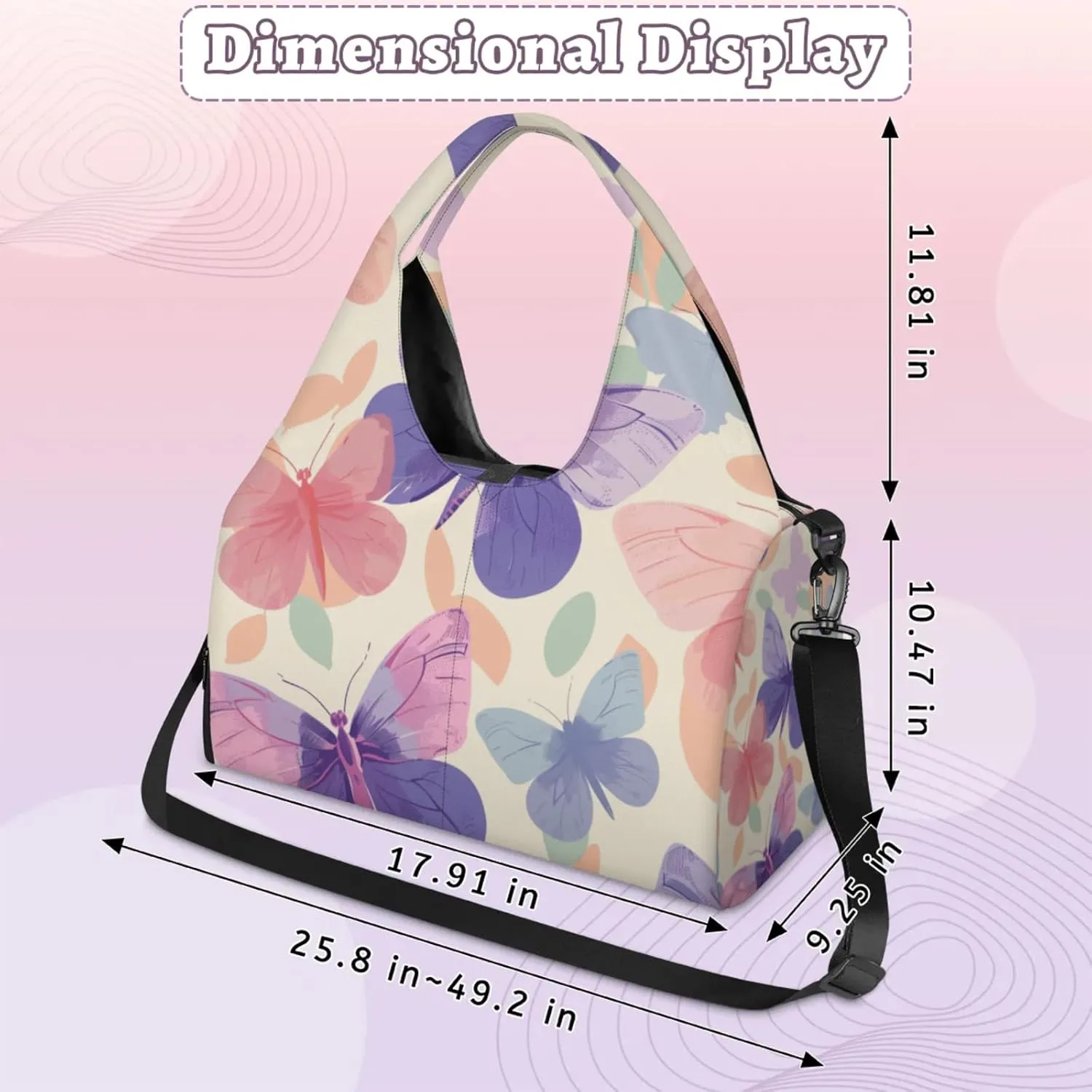 Gym Bag for Women Beautiful Butterflies Prints Duffel Bag with Shoe Compartment and Yoga Mat Holder Portable Weekender Bags Travel Tote Bags
