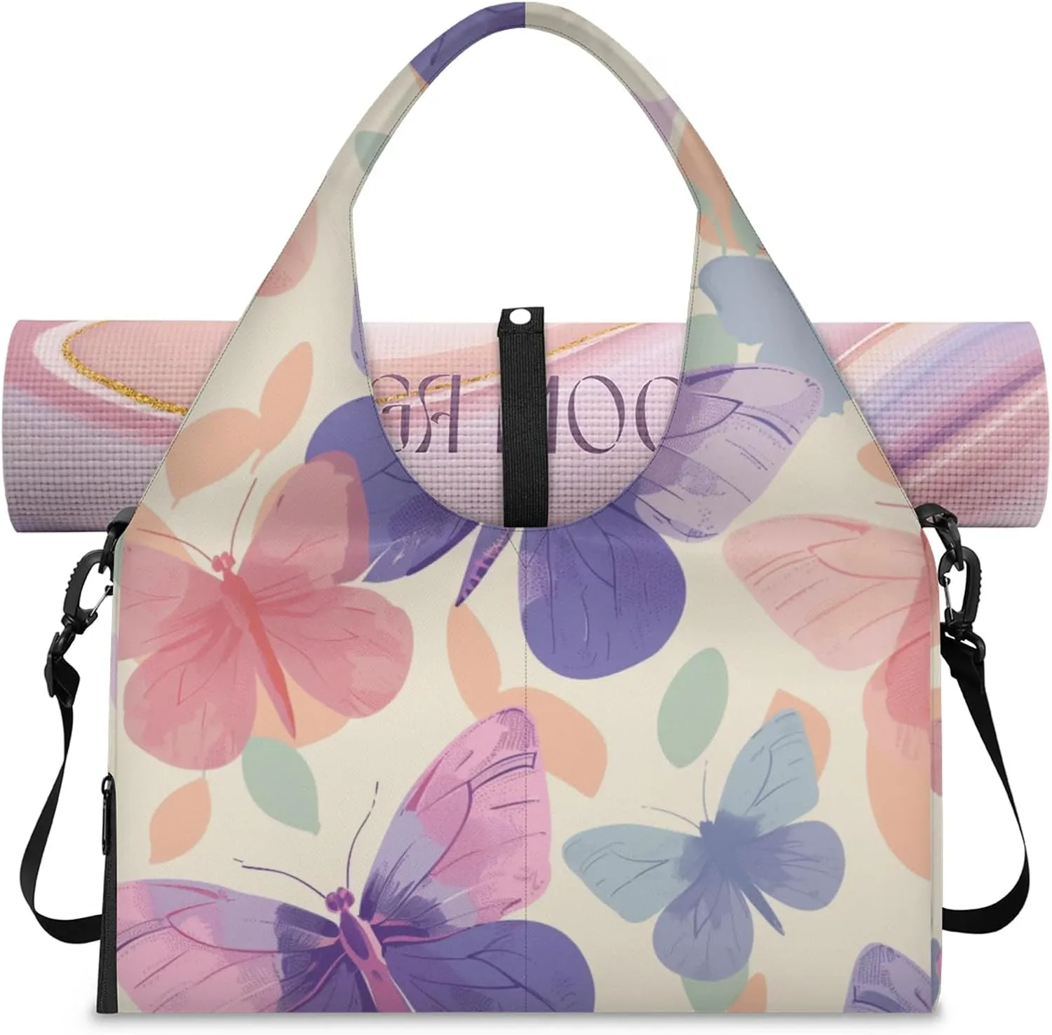 Gym Bag for Women Beautiful Butterflies Prints Duffel Bag with Shoe Compartment and Yoga Mat Holder Portable Weekender Bags Travel Tote Bags
