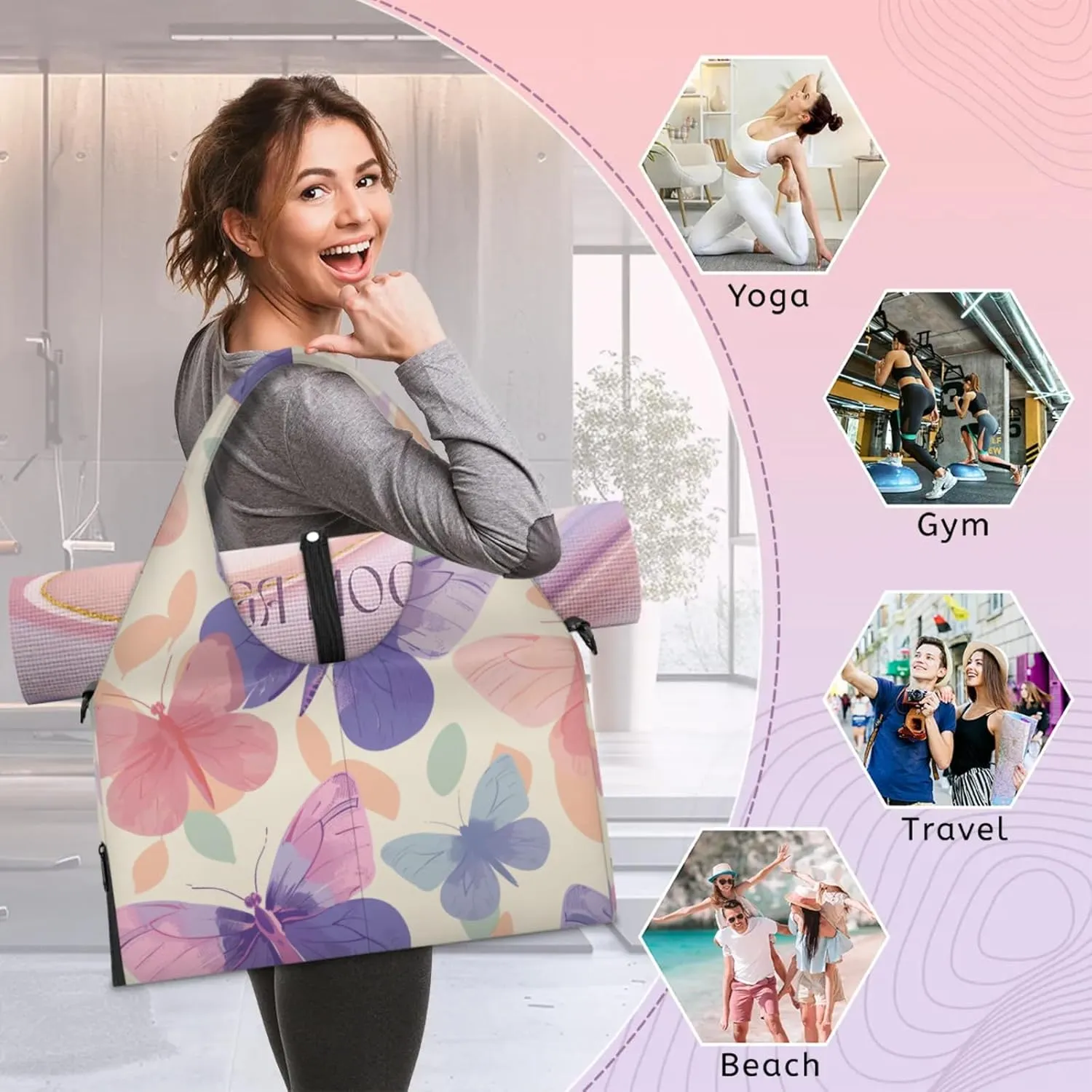 Gym Bag for Women Beautiful Butterflies Prints Duffel Bag with Shoe Compartment and Yoga Mat Holder Portable Weekender Bags Travel Tote Bags