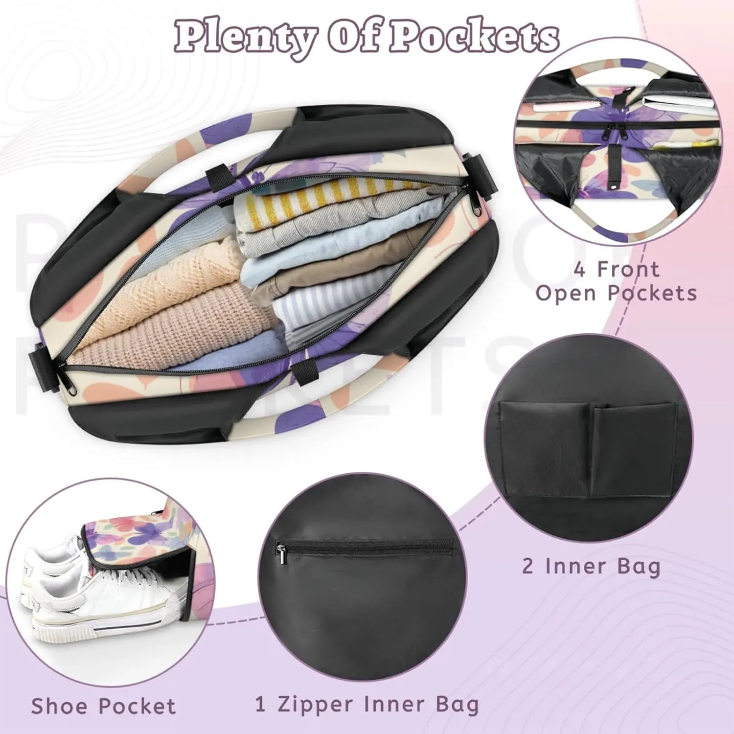 Gym Bag for Women Beautiful Butterflies Prints Duffel Bag with Shoe Compartment and Yoga Mat Holder Portable Weekender Bags Travel Tote Bags
