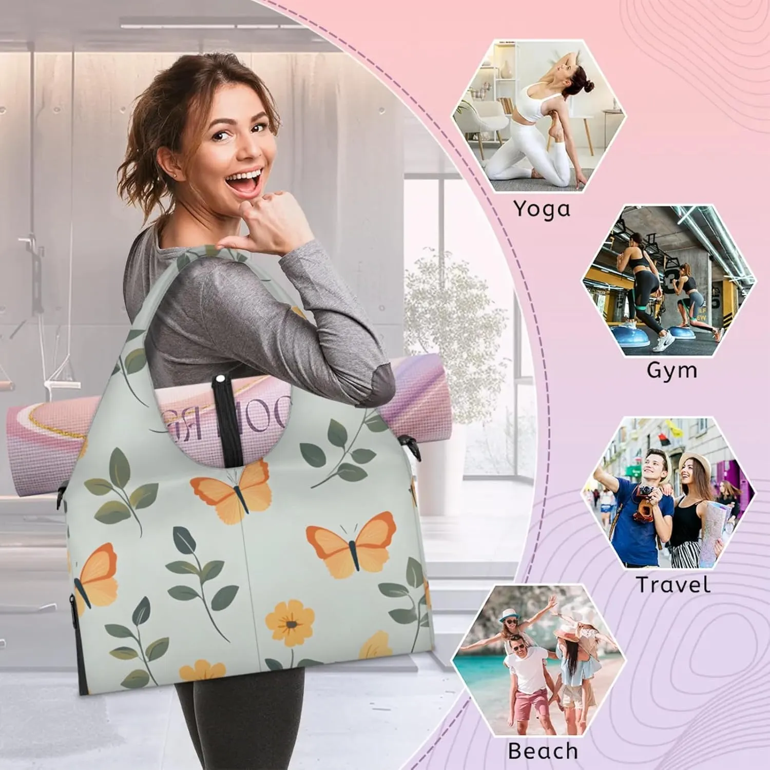 Gym Bag for Women Butterflies Leaves Duffel Bag with Shoe Compartment and Yoga Mat Holder Portable Weekender Bags Travel Tote Bags