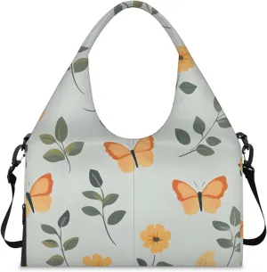 Gym Bag for Women Butterflies Leaves Duffel Bag with Shoe Compartment and Yoga Mat Holder Portable Weekender Bags Travel Tote Bags