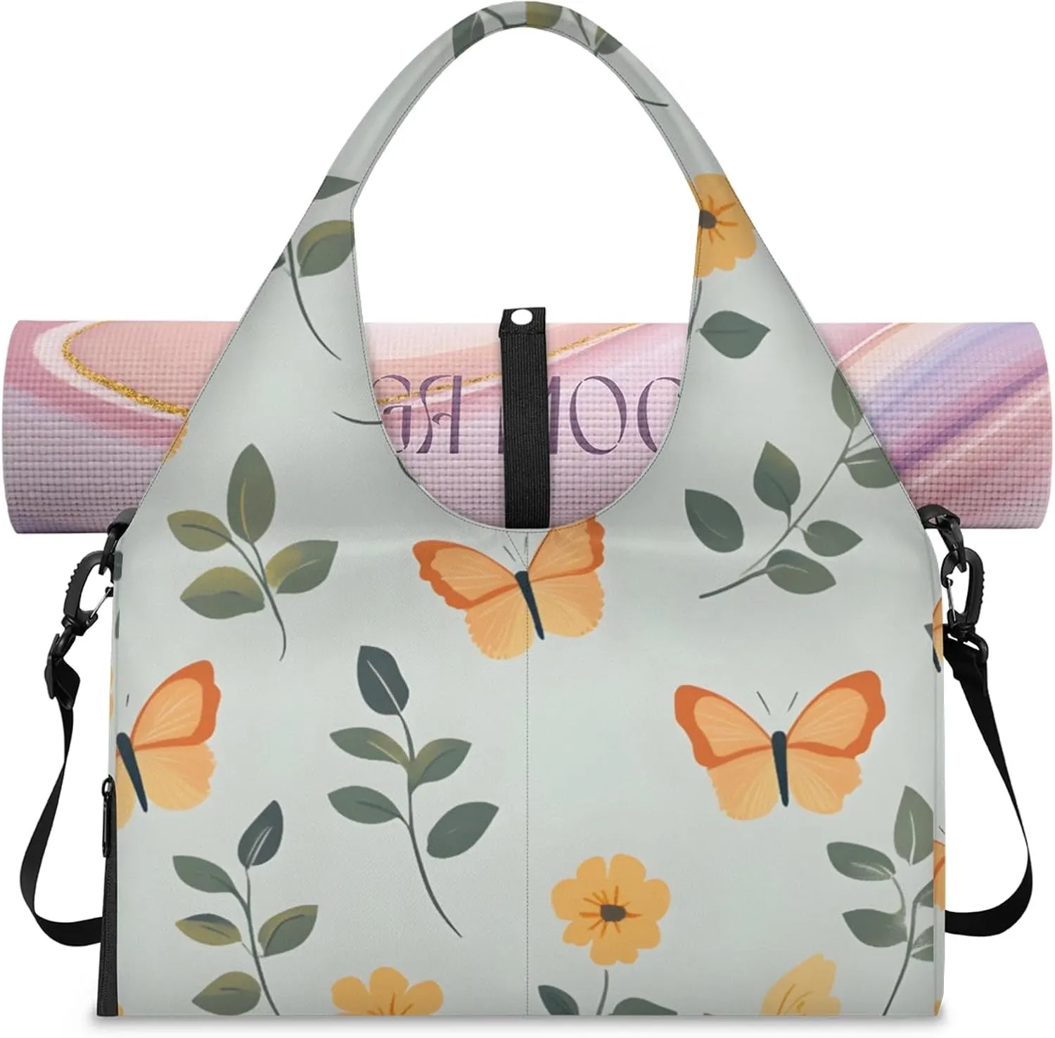 Gym Bag for Women Butterflies Leaves Duffel Bag with Shoe Compartment and Yoga Mat Holder Portable Weekender Bags Travel Tote Bags