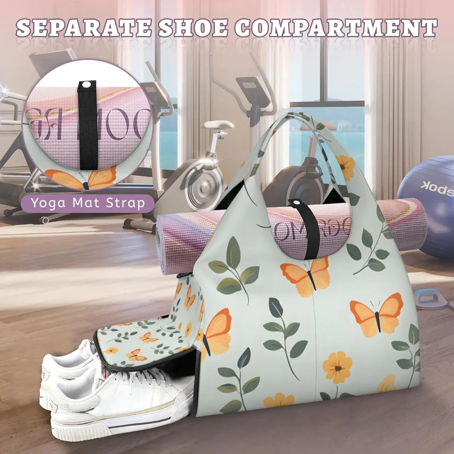 Gym Bag for Women Butterflies Leaves Duffel Bag with Shoe Compartment and Yoga Mat Holder Portable Weekender Bags Travel Tote Bags