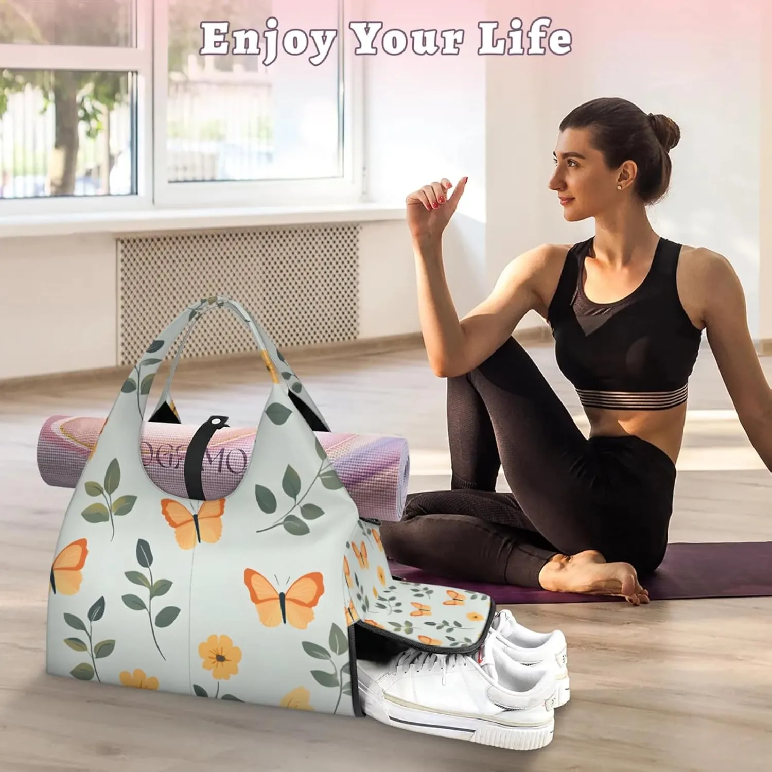 Gym Bag for Women Butterflies Leaves Duffel Bag with Shoe Compartment and Yoga Mat Holder Portable Weekender Bags Travel Tote Bags