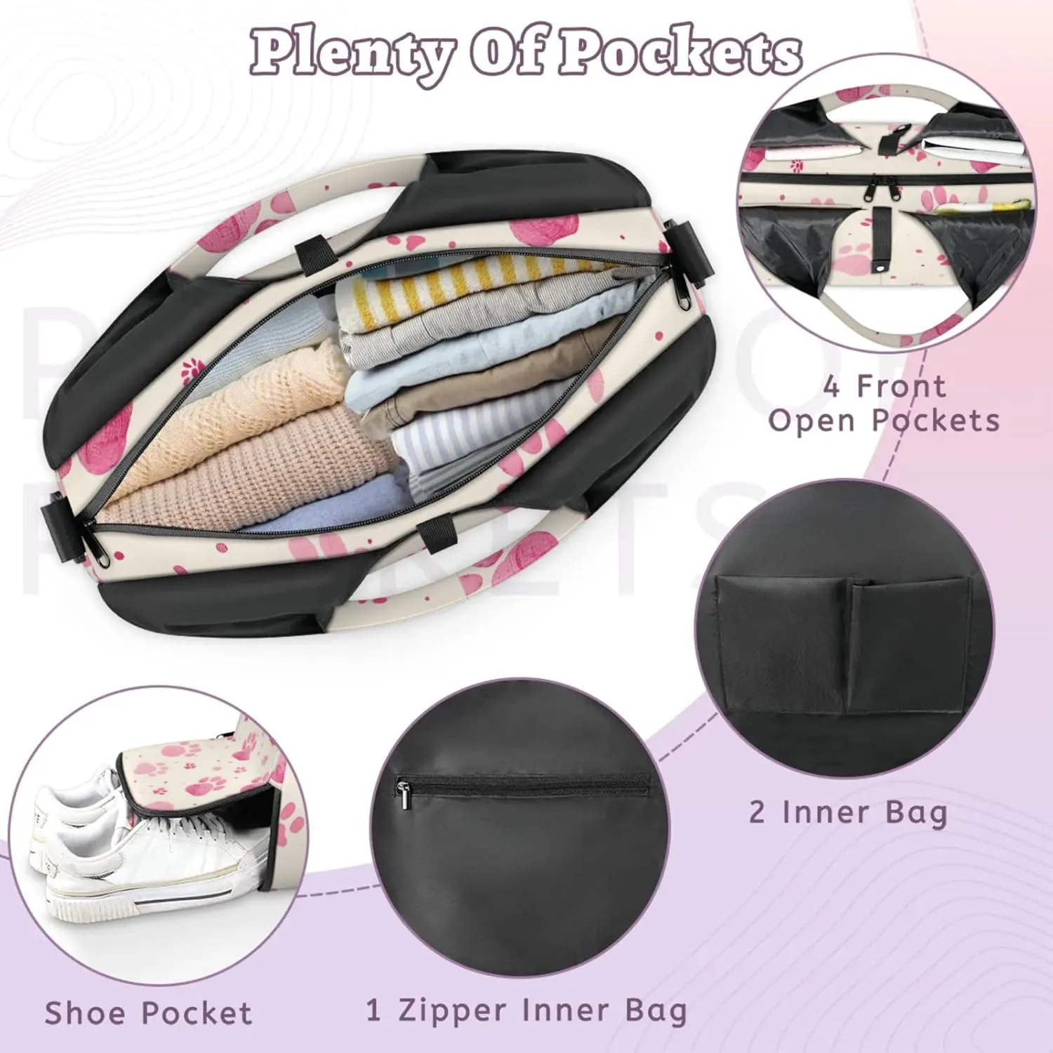 Gym Bag for Women Cats Paw Prints Duffel Bag with Shoe Compartment and Yoga Mat Holder Portable Weekender Bags Travel Tote Bags