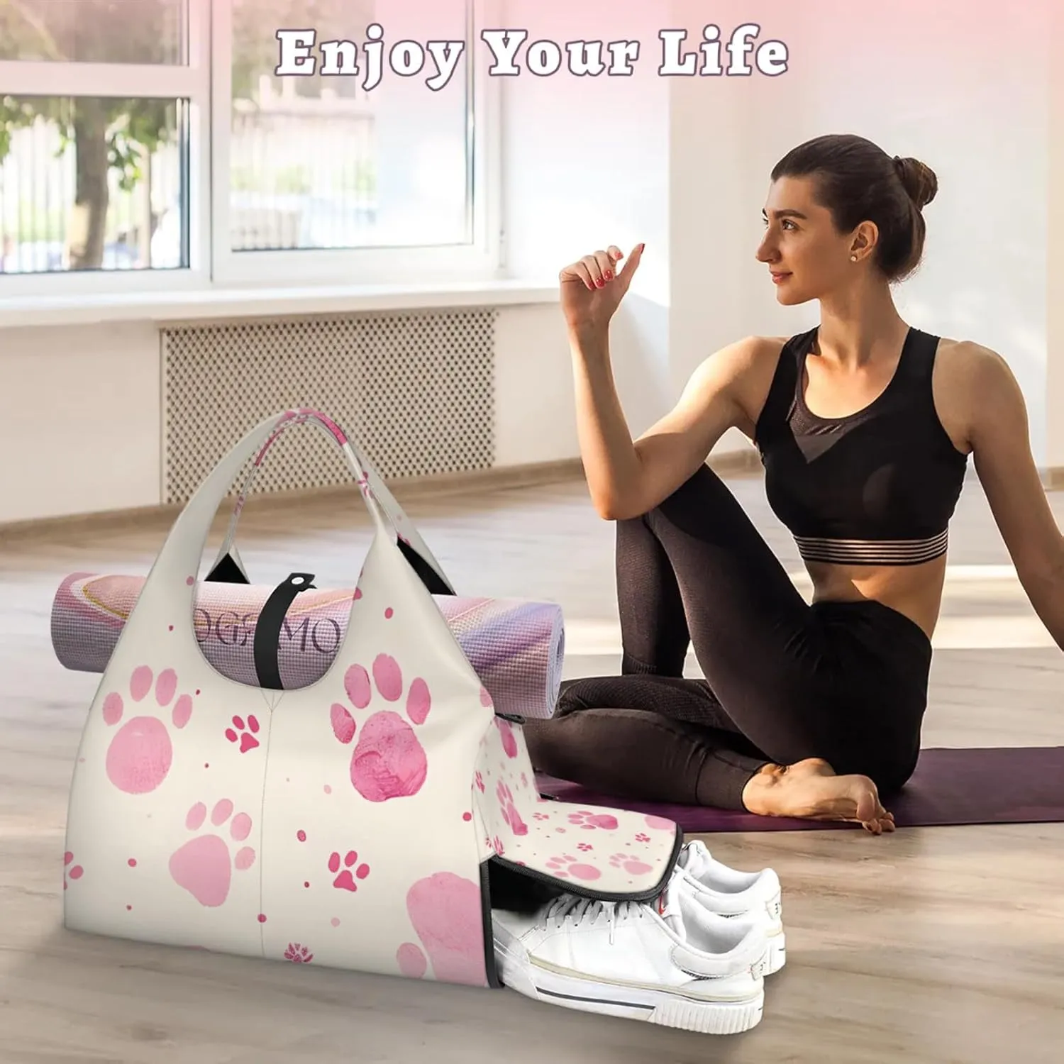 Gym Bag for Women Cats Paw Prints Duffel Bag with Shoe Compartment and Yoga Mat Holder Portable Weekender Bags Travel Tote Bags