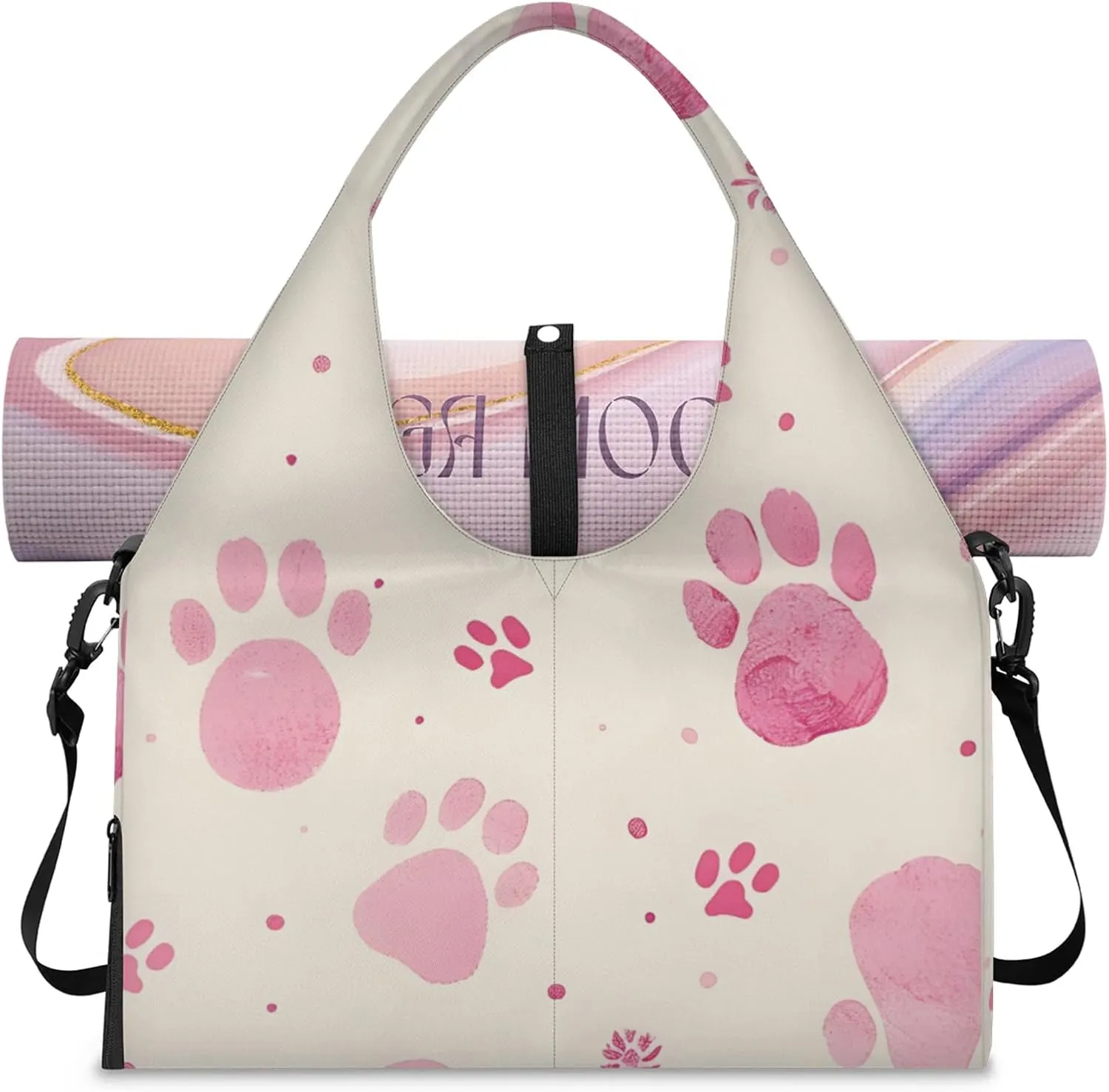 Gym Bag for Women Cats Paw Prints Duffel Bag with Shoe Compartment and Yoga Mat Holder Portable Weekender Bags Travel Tote Bags