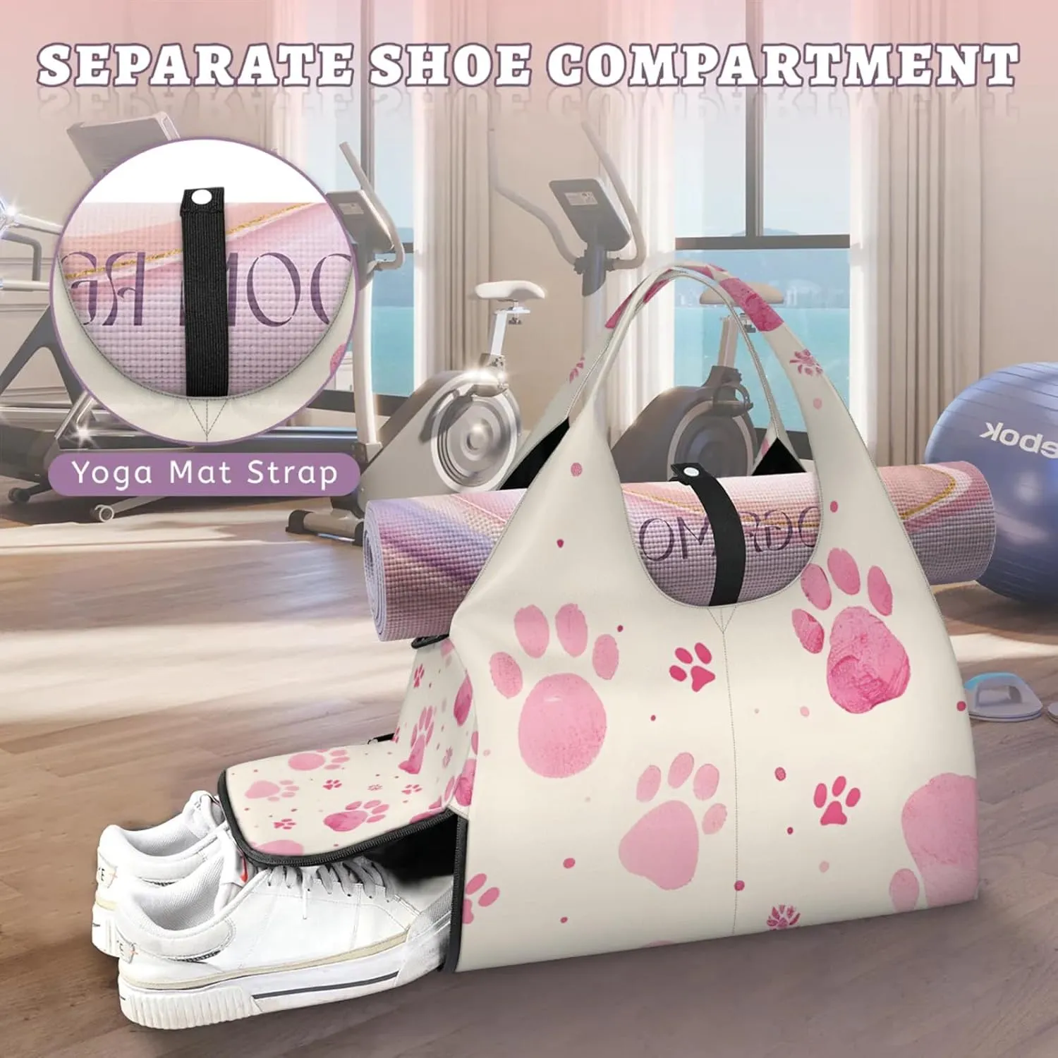 Gym Bag for Women Cats Paw Prints Duffel Bag with Shoe Compartment and Yoga Mat Holder Portable Weekender Bags Travel Tote Bags