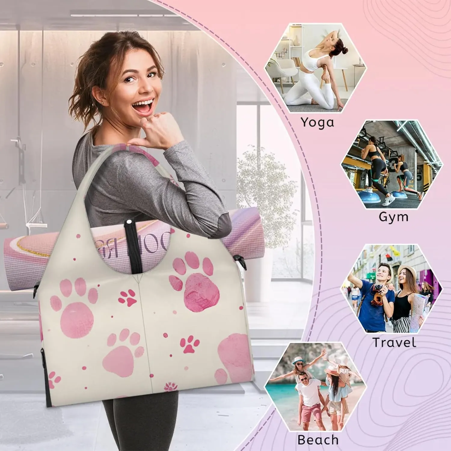 Gym Bag for Women Cats Paw Prints Duffel Bag with Shoe Compartment and Yoga Mat Holder Portable Weekender Bags Travel Tote Bags