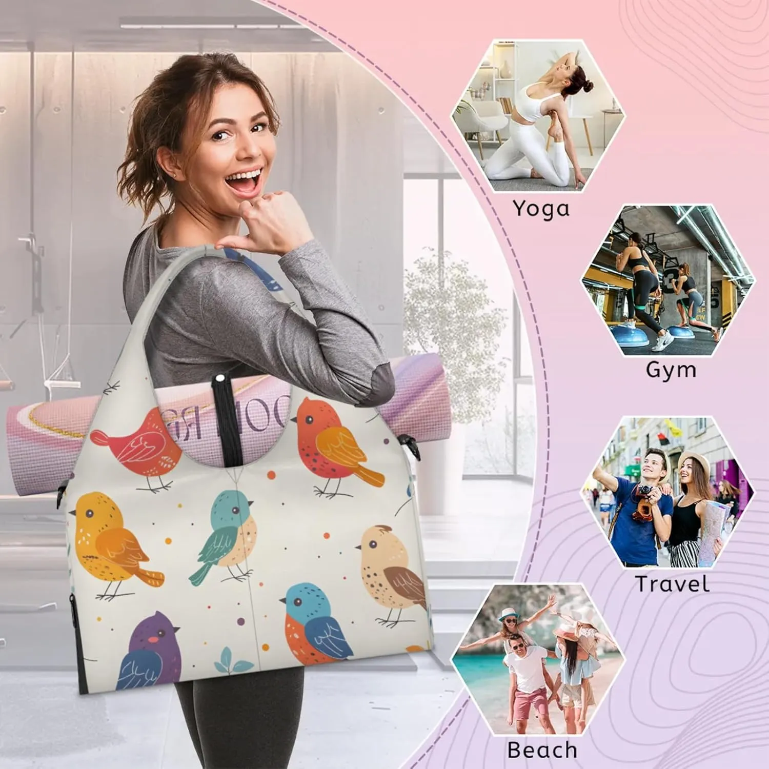 Gym Bag for Women Colorful Birds Duffel Bag with Shoe Compartment and Yoga Mat Holder Portable Weekender Bags Travel Tote Bags