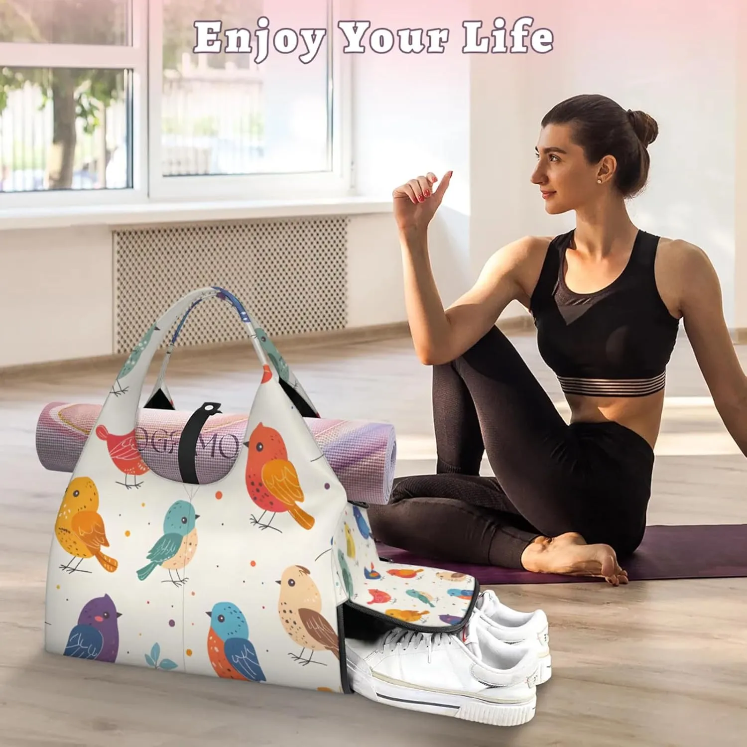 Gym Bag for Women Colorful Birds Duffel Bag with Shoe Compartment and Yoga Mat Holder Portable Weekender Bags Travel Tote Bags