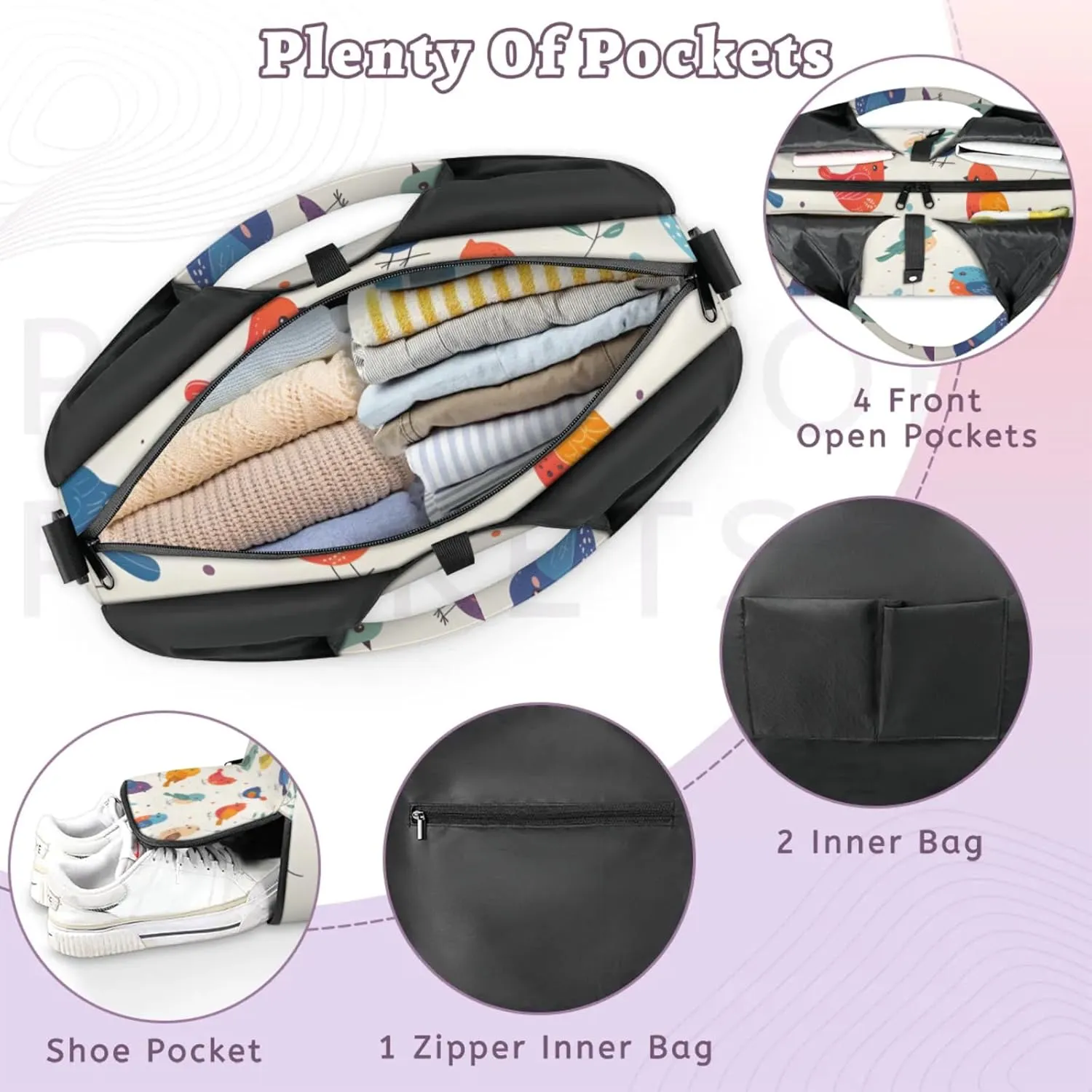 Gym Bag for Women Colorful Birds Duffel Bag with Shoe Compartment and Yoga Mat Holder Portable Weekender Bags Travel Tote Bags