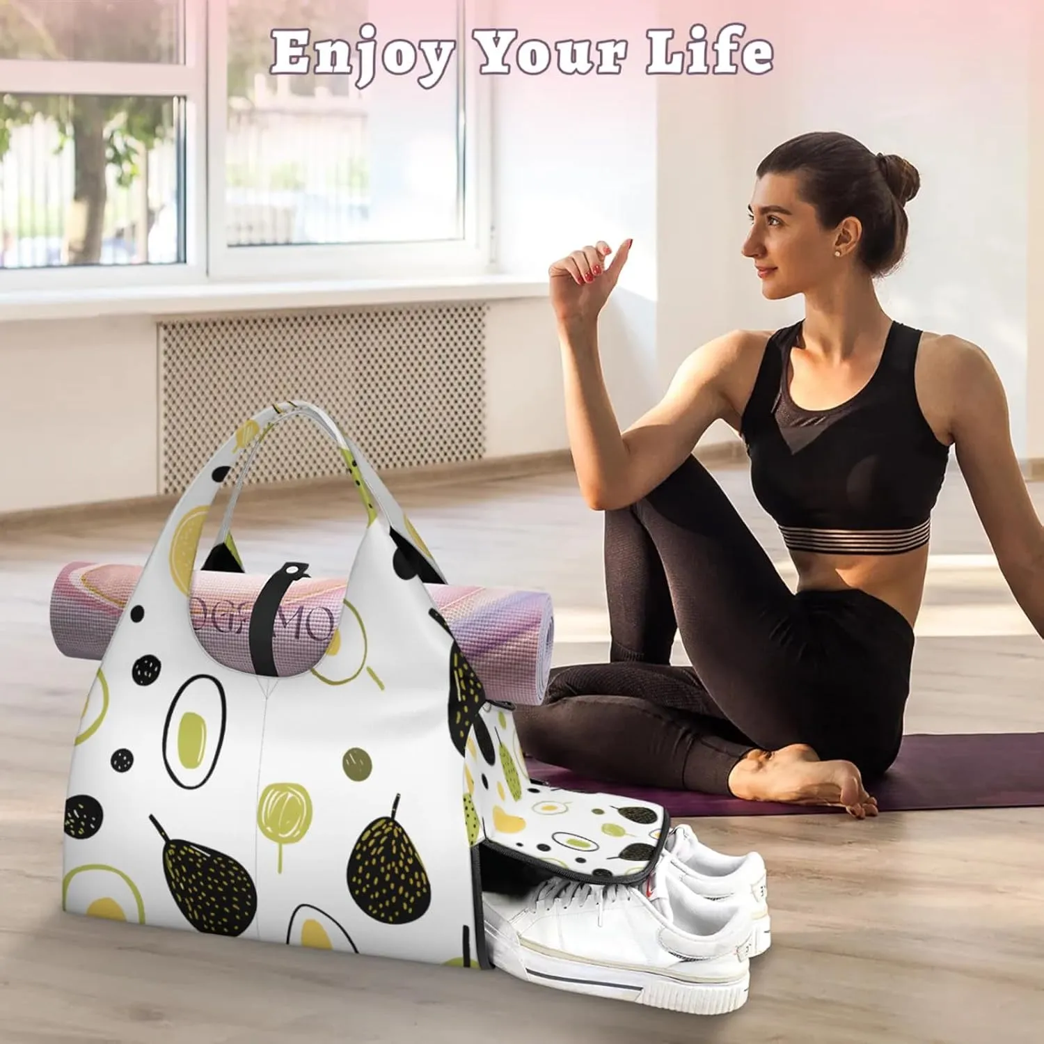 Gym Bag for Women Cute Avocado Duffel Bag with Shoe Compartment and Yoga Mat Holder Portable Weekender Bags Travel Tote Bags