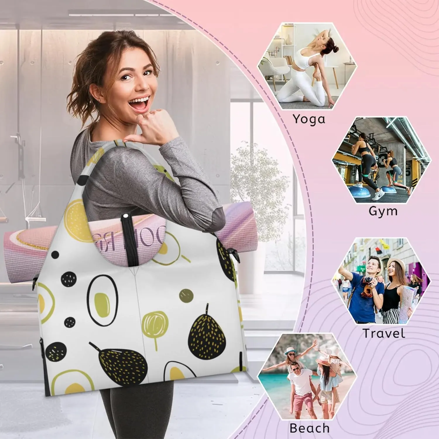 Gym Bag for Women Cute Avocado Duffel Bag with Shoe Compartment and Yoga Mat Holder Portable Weekender Bags Travel Tote Bags