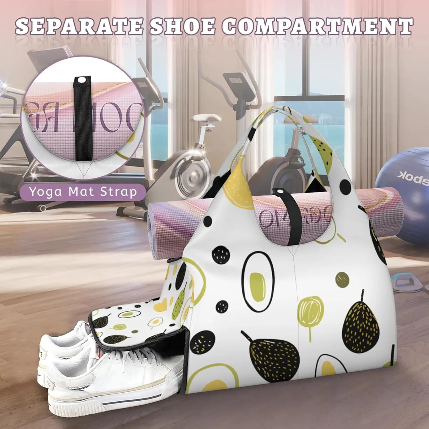 Gym Bag for Women Cute Avocado Duffel Bag with Shoe Compartment and Yoga Mat Holder Portable Weekender Bags Travel Tote Bags