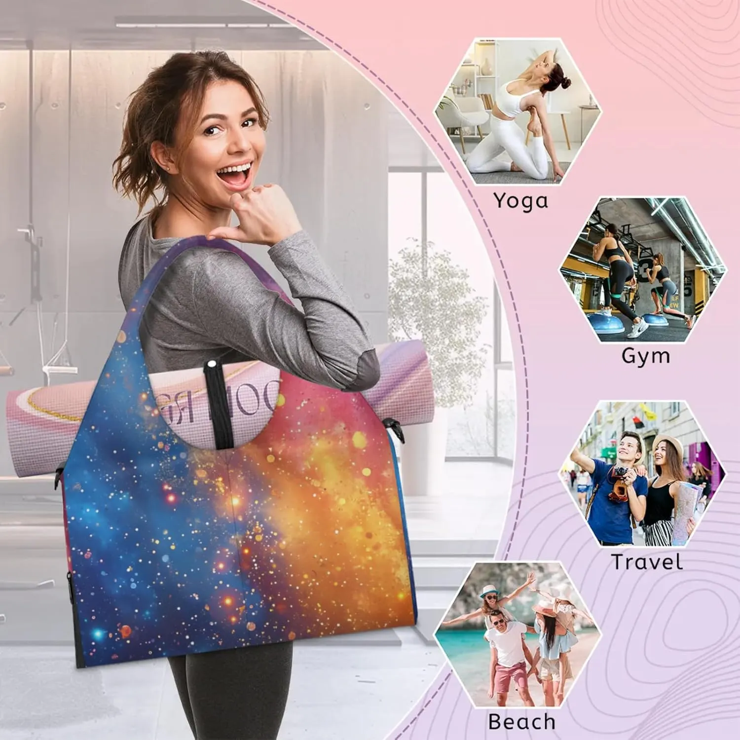 Gym Bag for Women Galaxy Stars Duffel Bag with Shoe Compartment and Yoga Mat Holder Portable Weekender Bags Travel Tote Bags