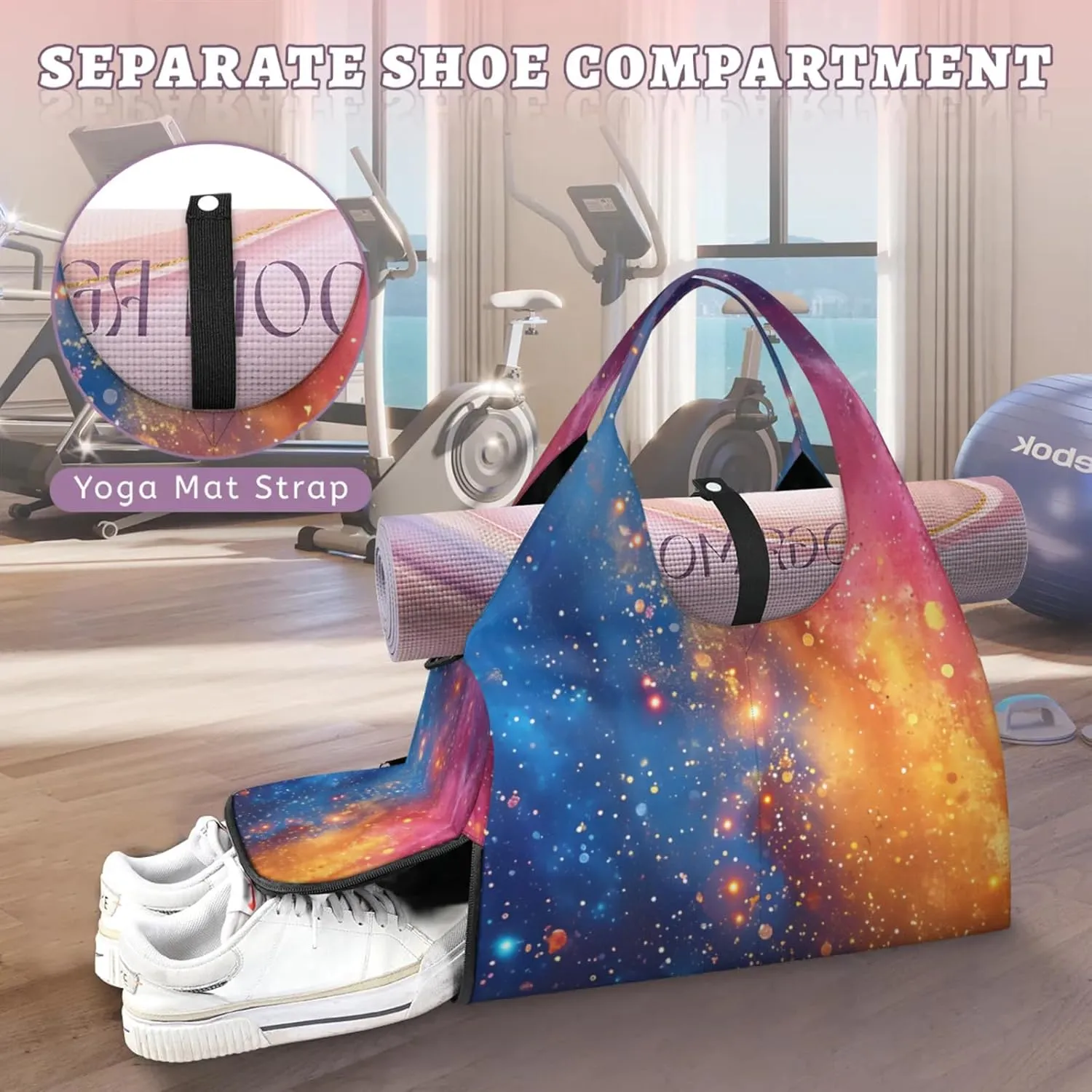 Gym Bag for Women Galaxy Stars Duffel Bag with Shoe Compartment and Yoga Mat Holder Portable Weekender Bags Travel Tote Bags