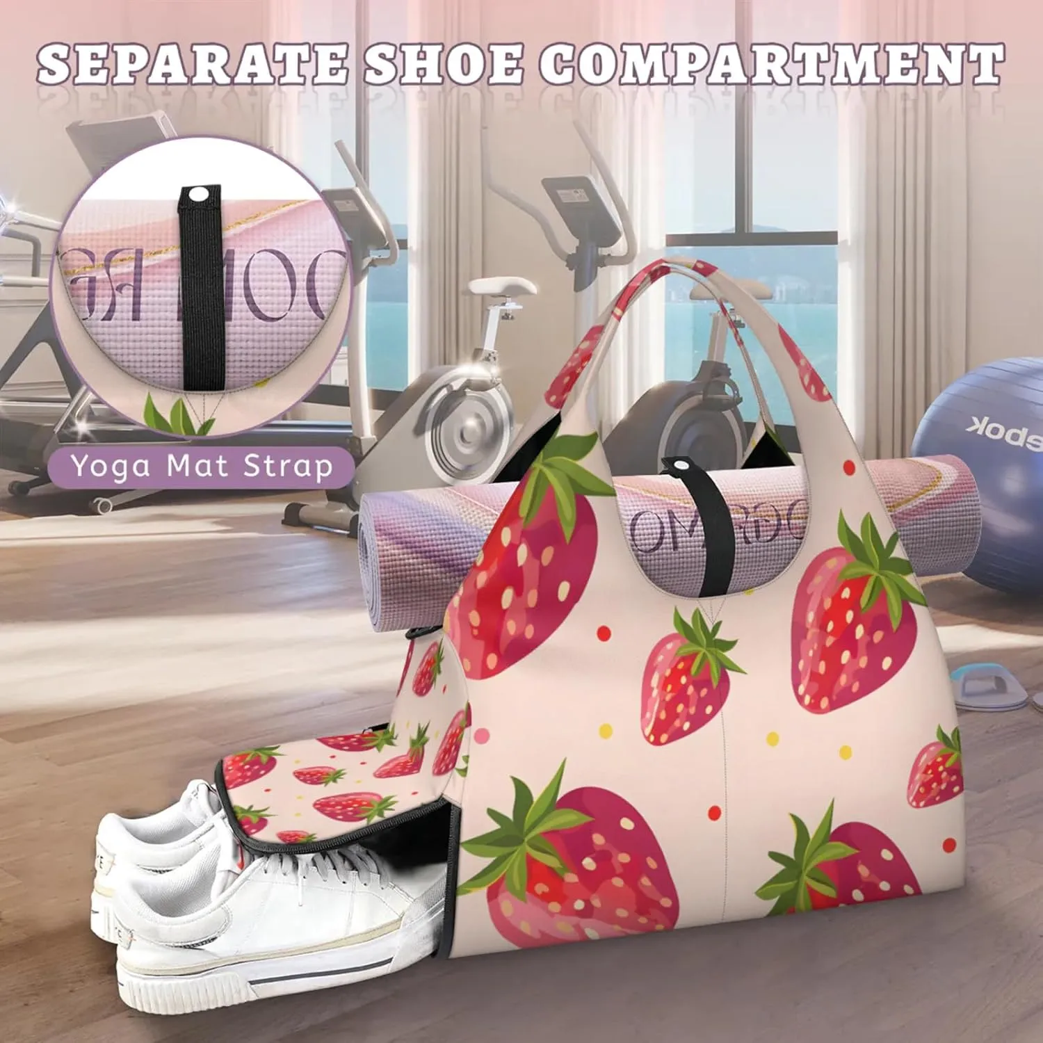 Gym Bag for Women Strawberry Dot Duffel Bag with Shoe Compartment and Yoga Mat Holder Portable Weekender Bags Travel Tote Bags