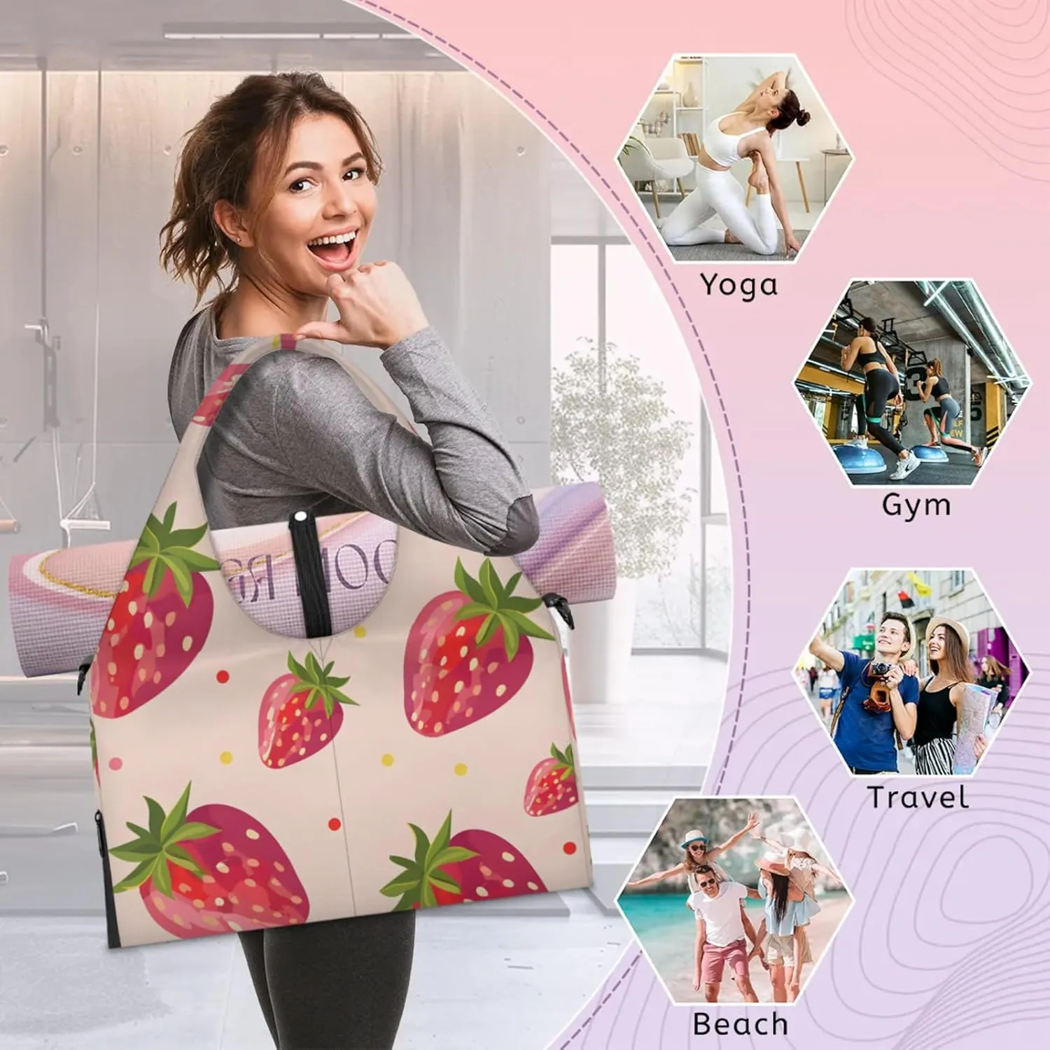 Gym Bag for Women Strawberry Dot Duffel Bag with Shoe Compartment and Yoga Mat Holder Portable Weekender Bags Travel Tote Bags