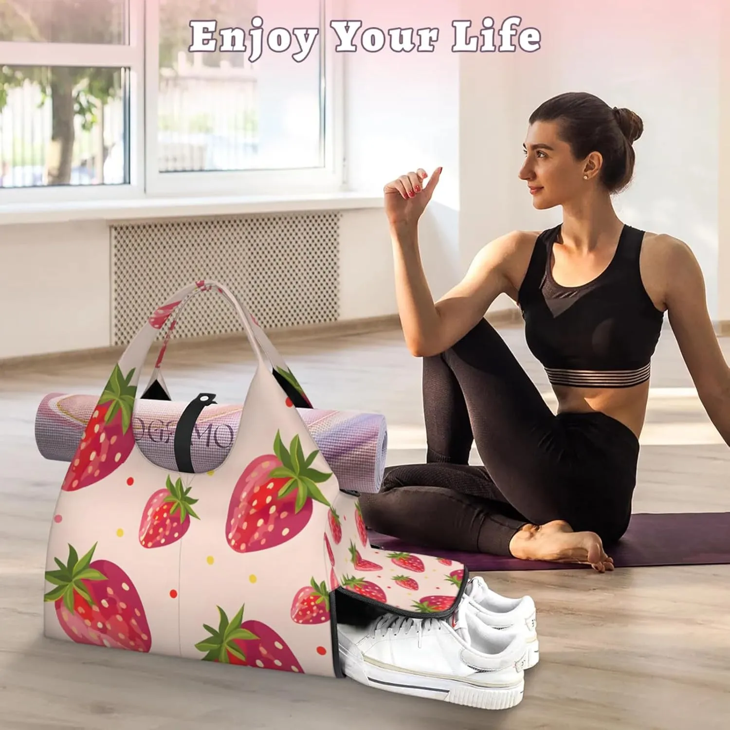 Gym Bag for Women Strawberry Dot Duffel Bag with Shoe Compartment and Yoga Mat Holder Portable Weekender Bags Travel Tote Bags
