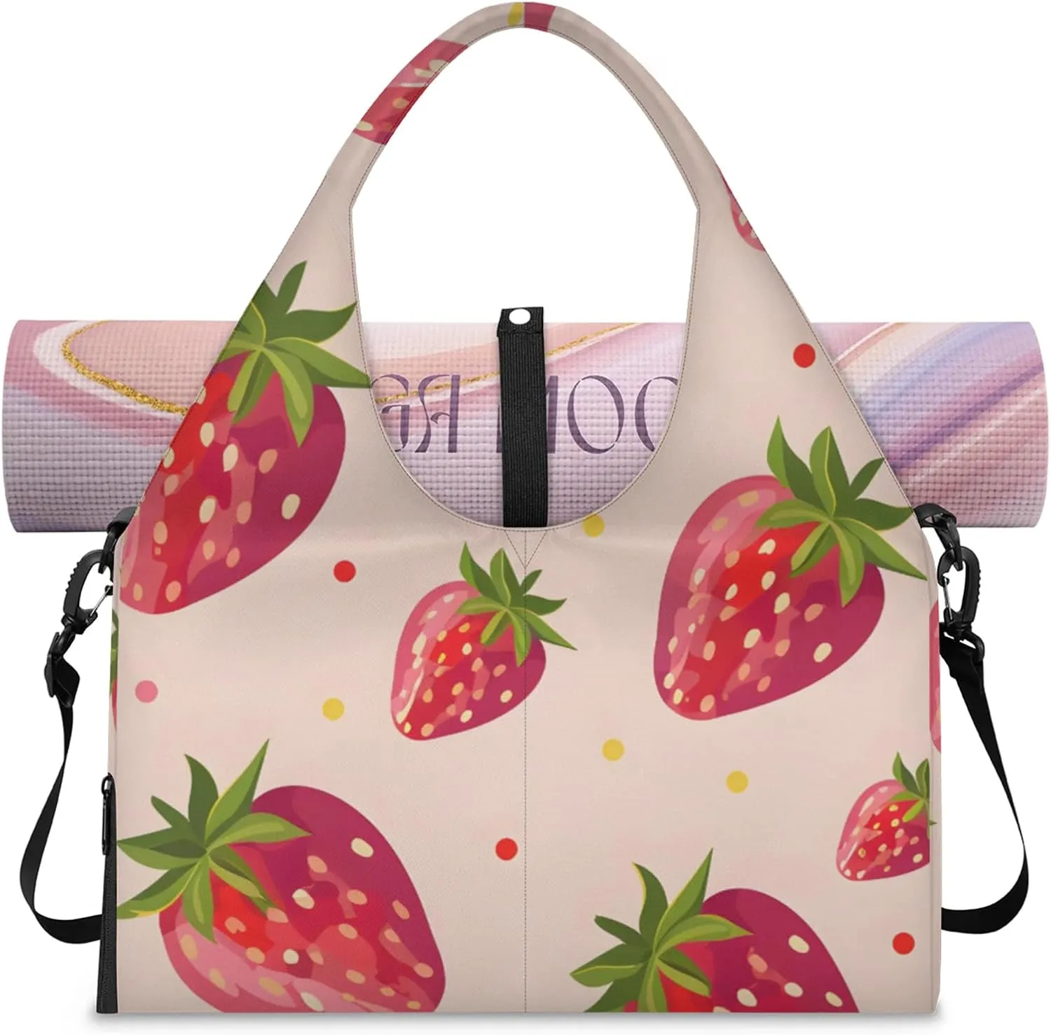Gym Bag for Women Strawberry Dot Duffel Bag with Shoe Compartment and Yoga Mat Holder Portable Weekender Bags Travel Tote Bags
