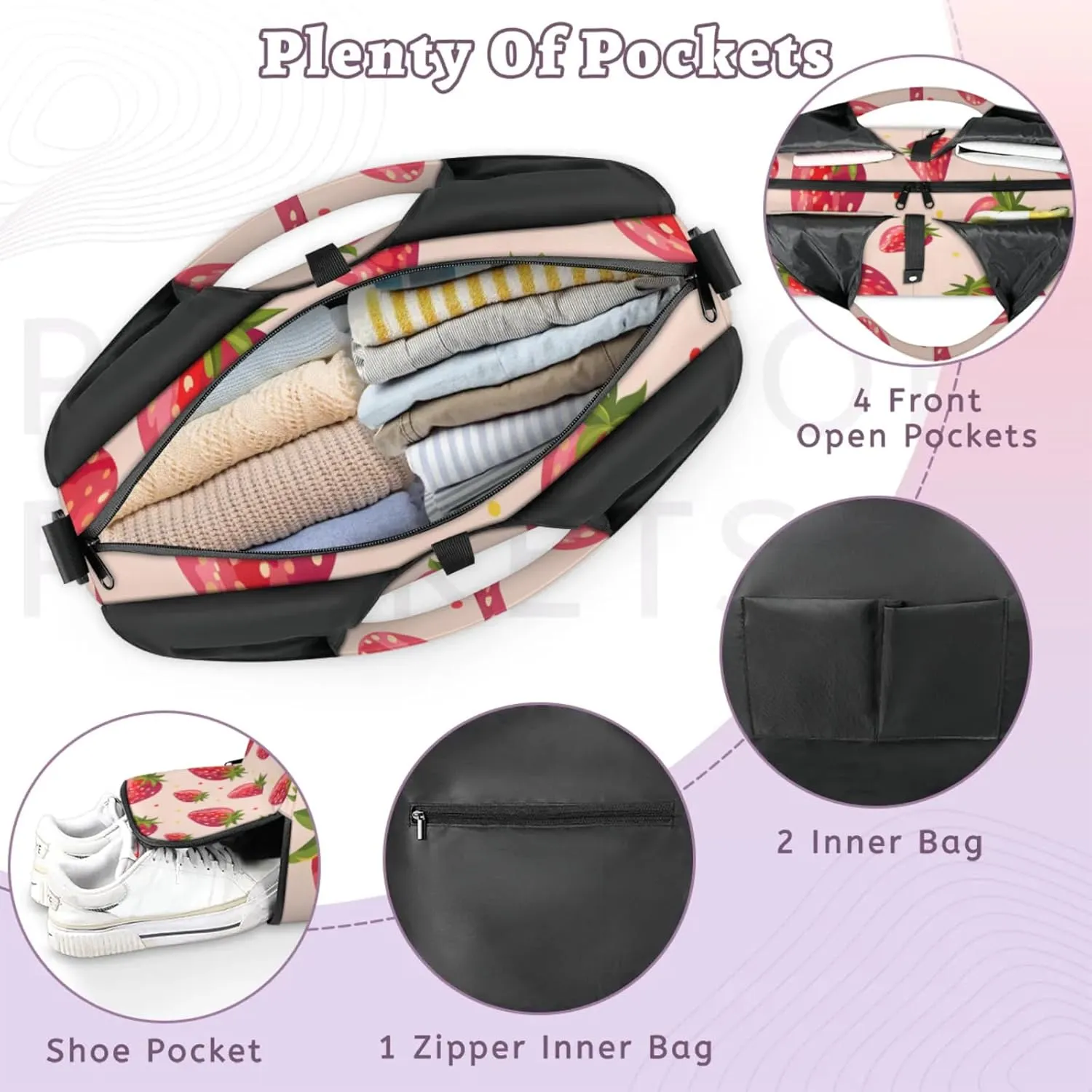 Gym Bag for Women Strawberry Dot Duffel Bag with Shoe Compartment and Yoga Mat Holder Portable Weekender Bags Travel Tote Bags