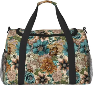 Gym Bag for Women Vintage Floral Leaf Carry on Weekender Overnight Bag Brown Retro Travel Duffel Bags Travel Bag Tote Bag Workout Dance Bag Weekender Bag with Zippers and Shoulder Strap