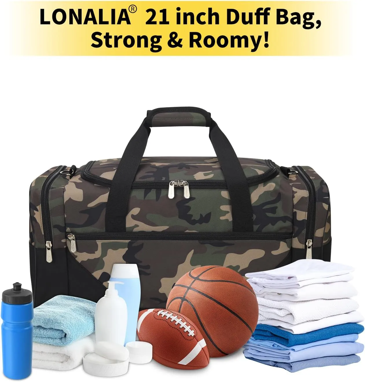 Gym Bag Sport Duffle Bag for Men - 21 in Weekender Travel Bag with Trolley Sleeve (Camo)